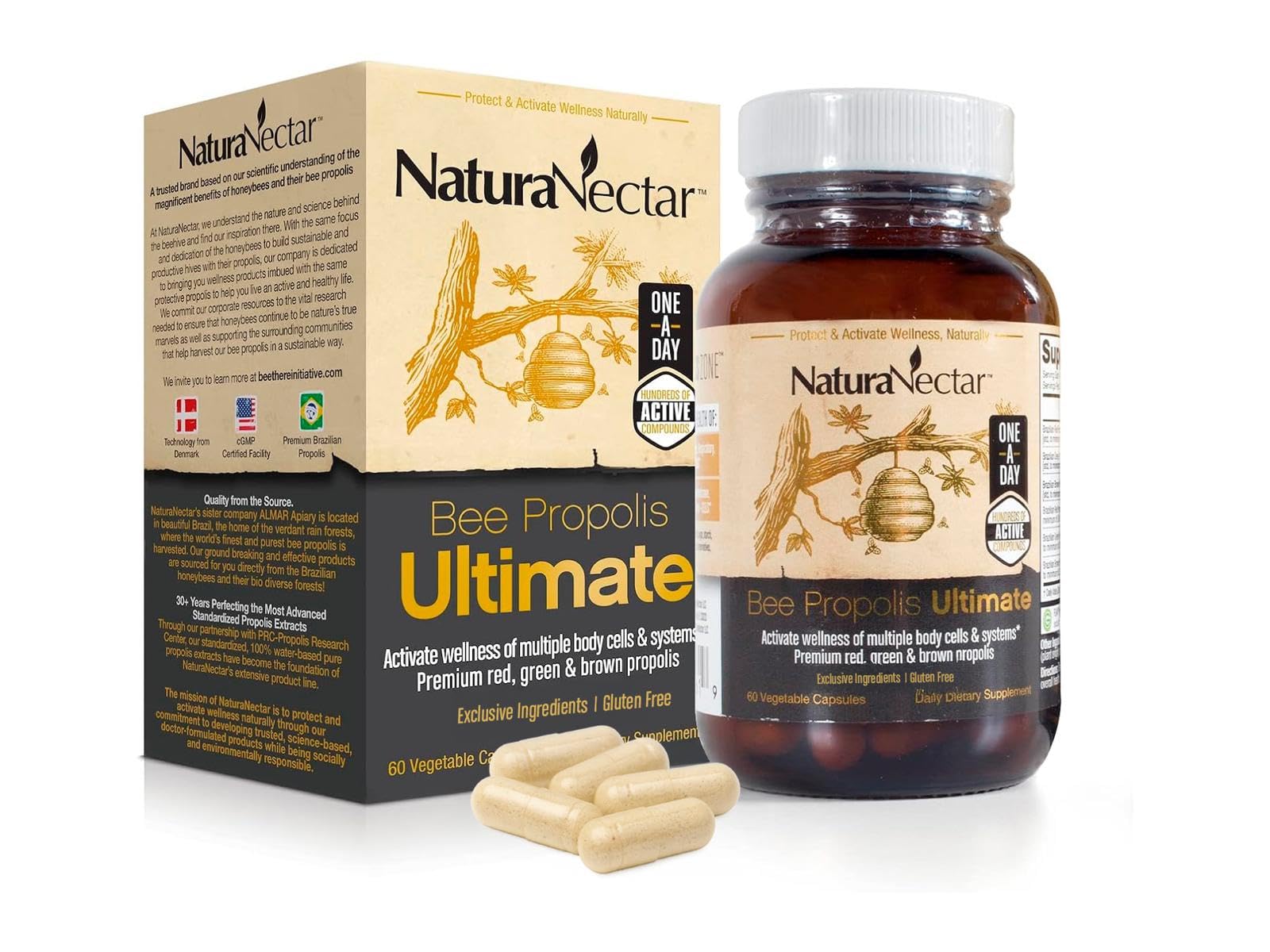 NaturaNectar - Ultimate Bee Propolis Capsules - NSF Contents Certified -Brazilian Red, Brown, & Green - Gluten-Free Supplement with Flavonoids - Naturally Sourced Through Ethical Beekeeping (60pcs.) NaturaNectar Au supplements