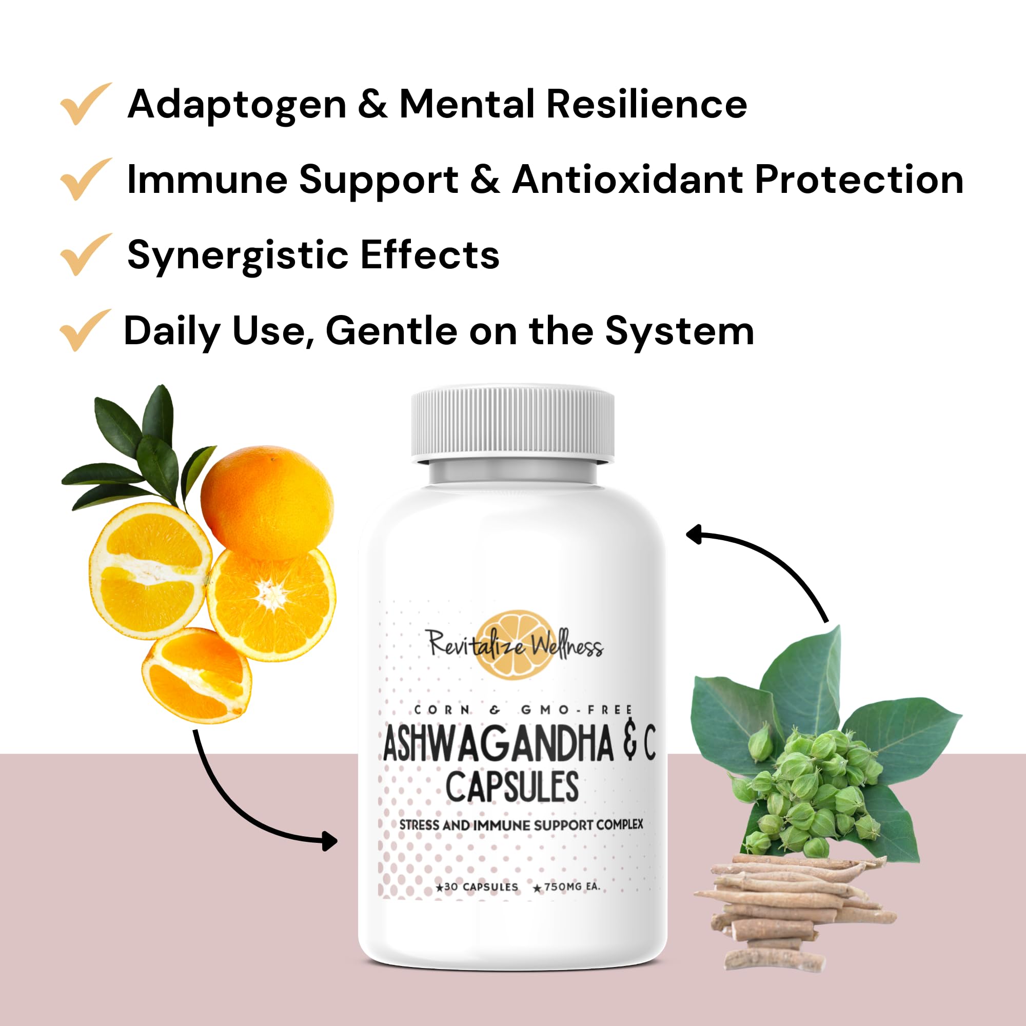 Revitalize Wellness Ashwagandha + Vitamin C Capsules | Stress and Immune Support Complex | with 550 mg Ashwagandha and 200 mg Vitamin C per Serving | 30 Servings Revitalize Wellness Au supplements