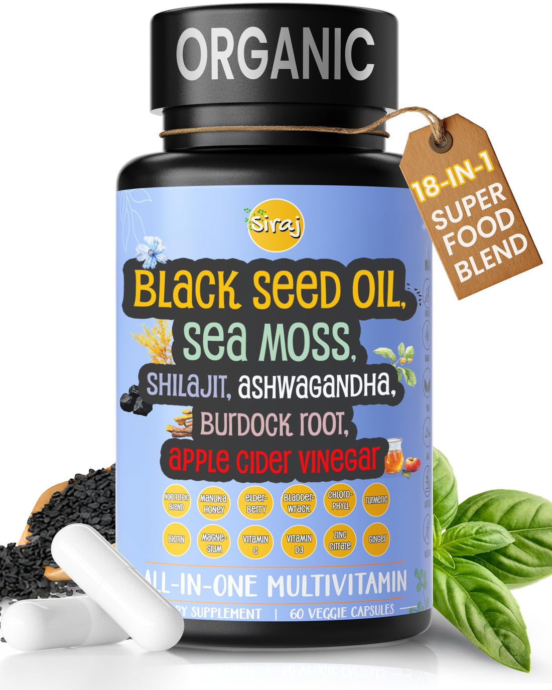 Siraj 18-in-1 Superfood Multivitamin - Irish Sea Moss, Black Seed Oil, Shilajit, Ashwagandha, 5% Thymoquinone, Burdock Root, Nootropic Supplement for Immunity, Focus, Energy and Mood - 60 Capsules Siraj Au supplements