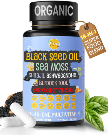 Siraj 18-in-1 Superfood Multivitamin - Irish Sea Moss, Black Seed Oil, Shilajit, Ashwagandha, 5% Thymoquinone, Burdock Root, Nootropic Supplement for Immunity, Focus, Energy and Mood - 60 Capsules Siraj Au supplements