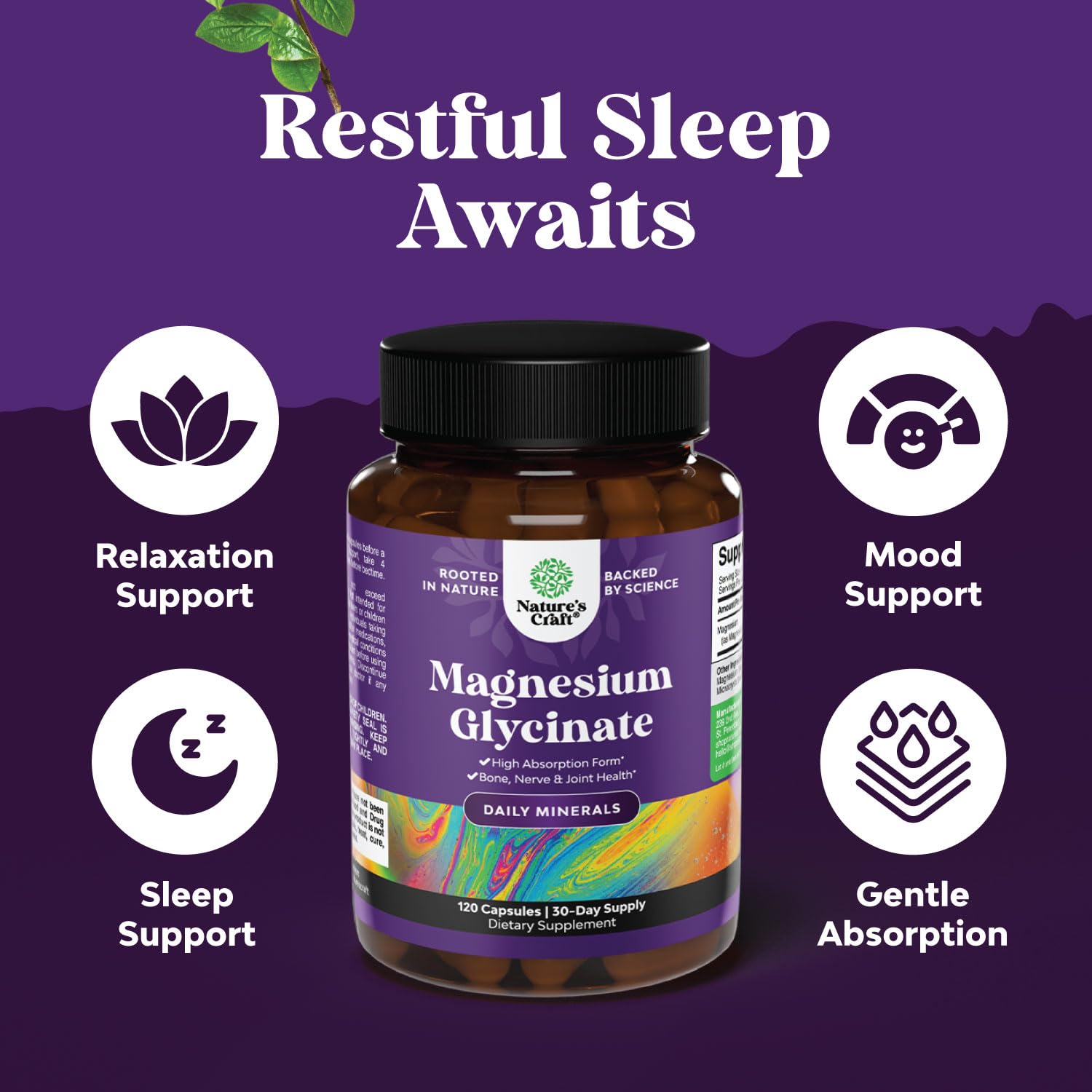 Pure Magnesium Glycinate Supplement 500mg - Magnesium for Sleep and Rest Capsules for Men & Women - Unflavored Vegan High Absorption Pills for Relaxation Support - 120 Count Natures Craft Au supplements