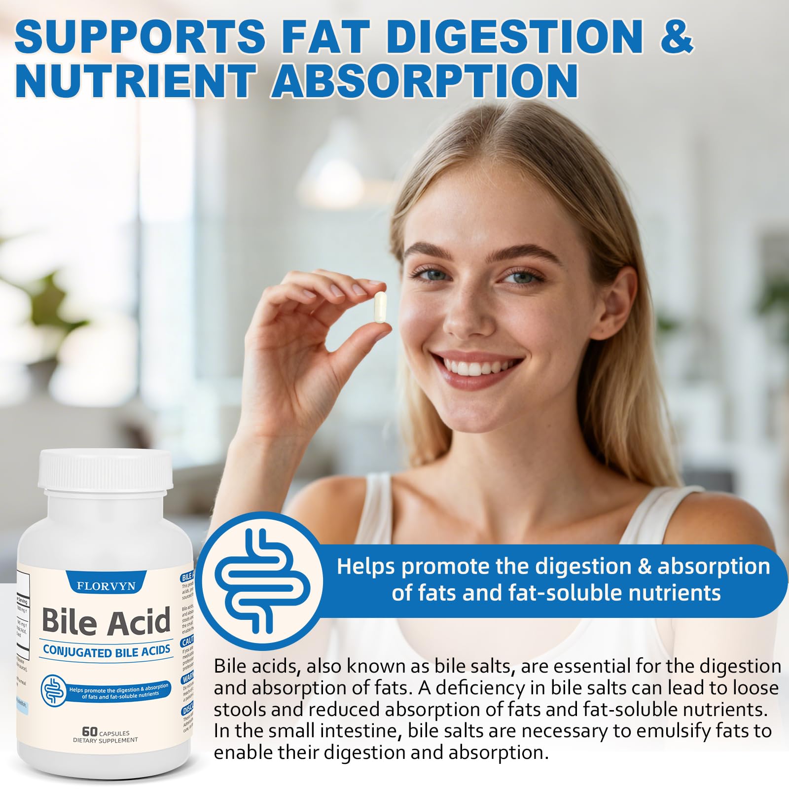 Florvyn Conjugated Bile Acid Supplement 1000mg – Supports Fat Digestion & Absorption of Fats & Fat-Soluble Nutrients, Gut Comfort & Nutrient Utilization, 60 Capsules, 30 Day Supply Florvyn Au supplements