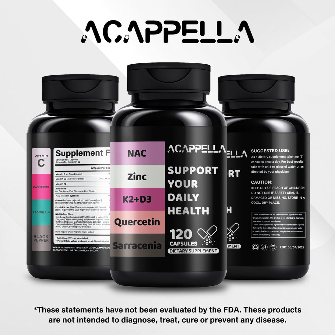 ACAPPELLA N-Acetyl Cysteine Vitamin D3 K2 Zinc Quercetin Sarracenia Purpurea NAC Supplement with Elderberry Holy Basil Bee Propolis Bromelain L-Lysin for Men & Women (1) ACAPPELLA Au supplements