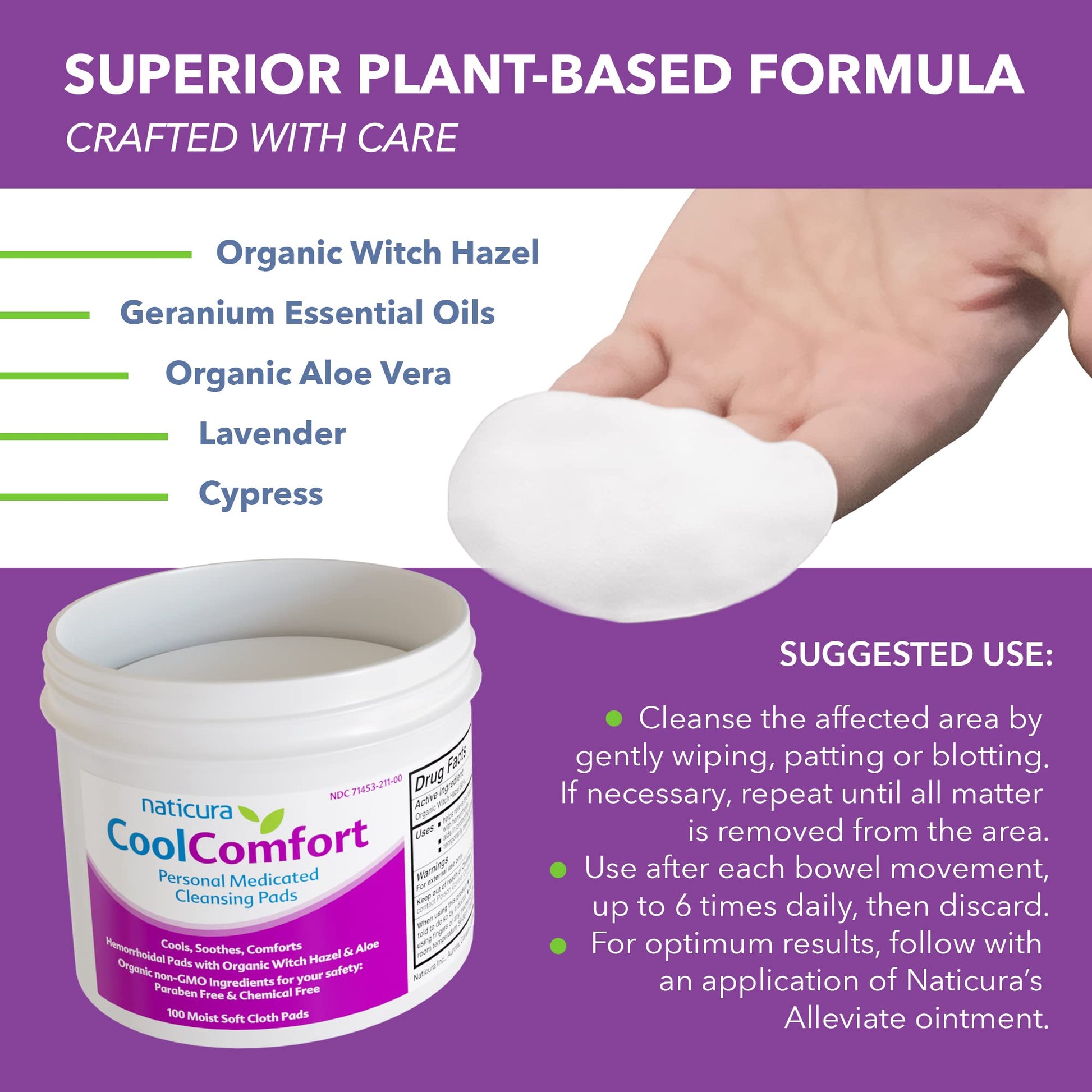 CoolComfort Personal Cleansing Pads with Organic Witch Hazel and Aloe Vera - All Natural and Fast Acting Wipes for Hemorrhoid Burning, Itching, Pain and Swelling - 100 Pads - No Parabens - Made in USA Naticura Au supplements