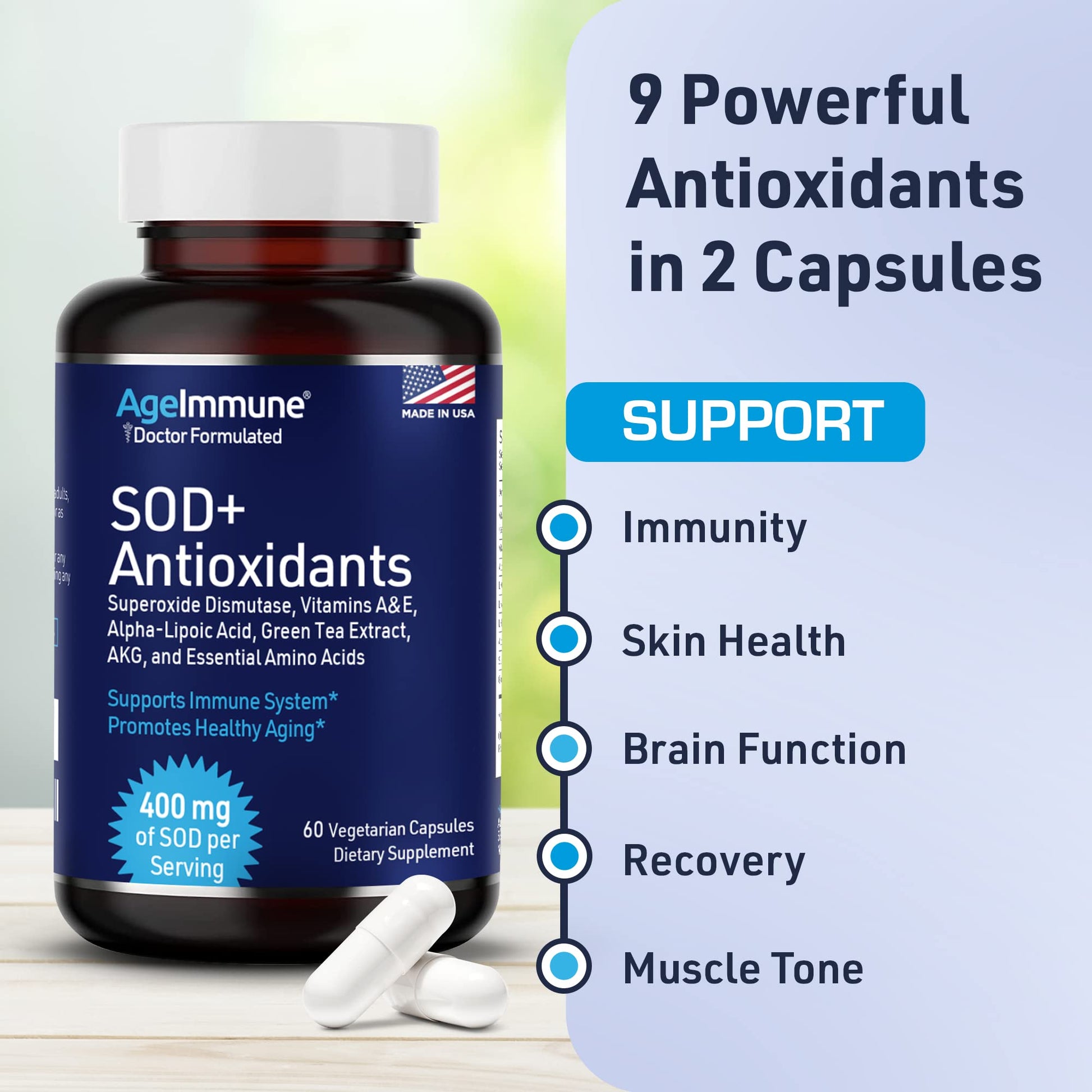 SOD Antioxidants Complex Healthy Aging Supplement - 400mg of Superoxide Dismutase - Alpha Lipoic Acid - L-Arginine -Lysine - AKG - Vitamin A - Vitamin E for Immune Support-60 Capsules AgeImmune Au supplements