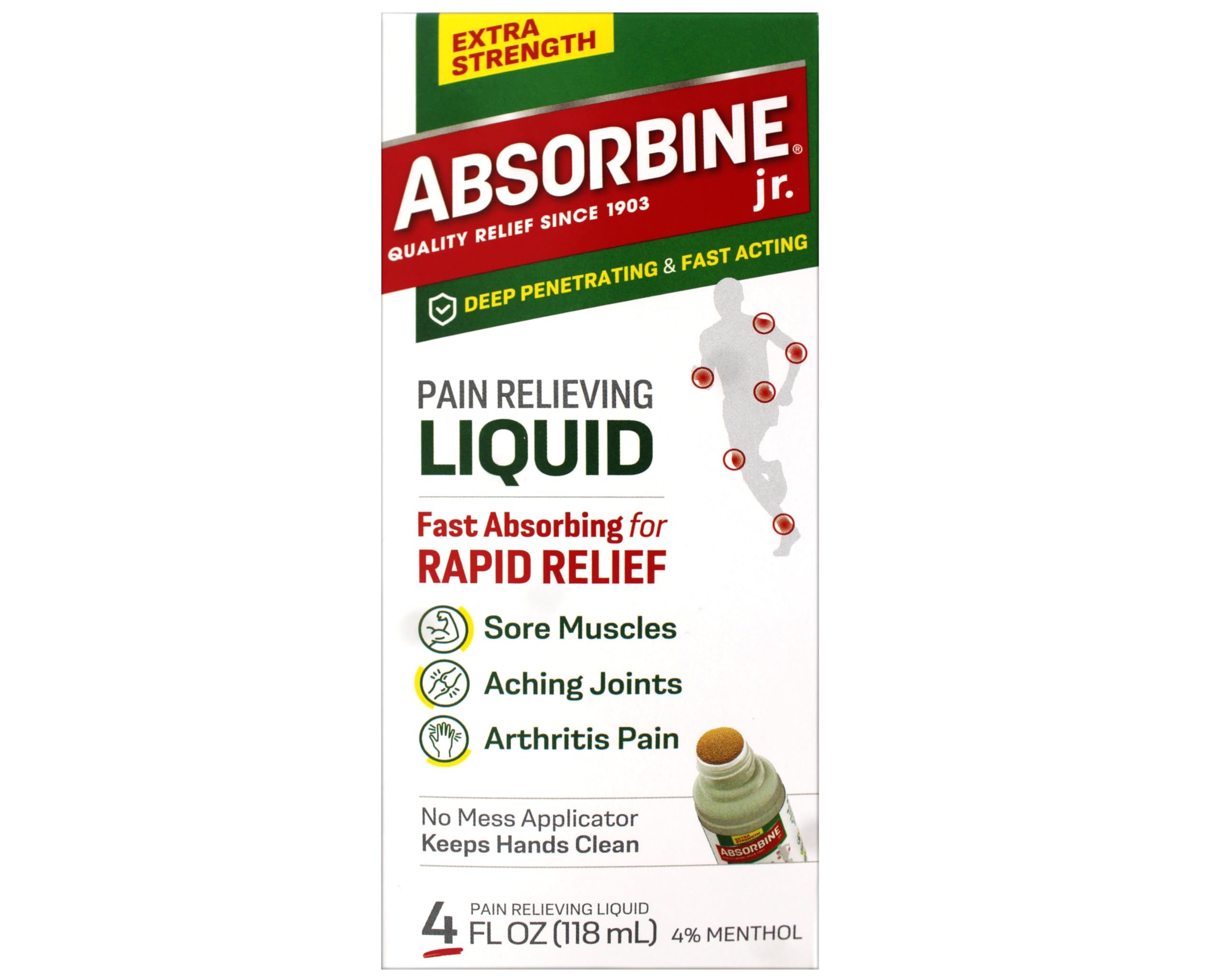 ABSORBINE JR. Extra Strength Pain Relieving Liquid, for Muscle, Joints, Arthritis Pain, with No-Mess Applicator, 4 Oz - 3 Pack Absorbine Au supplements