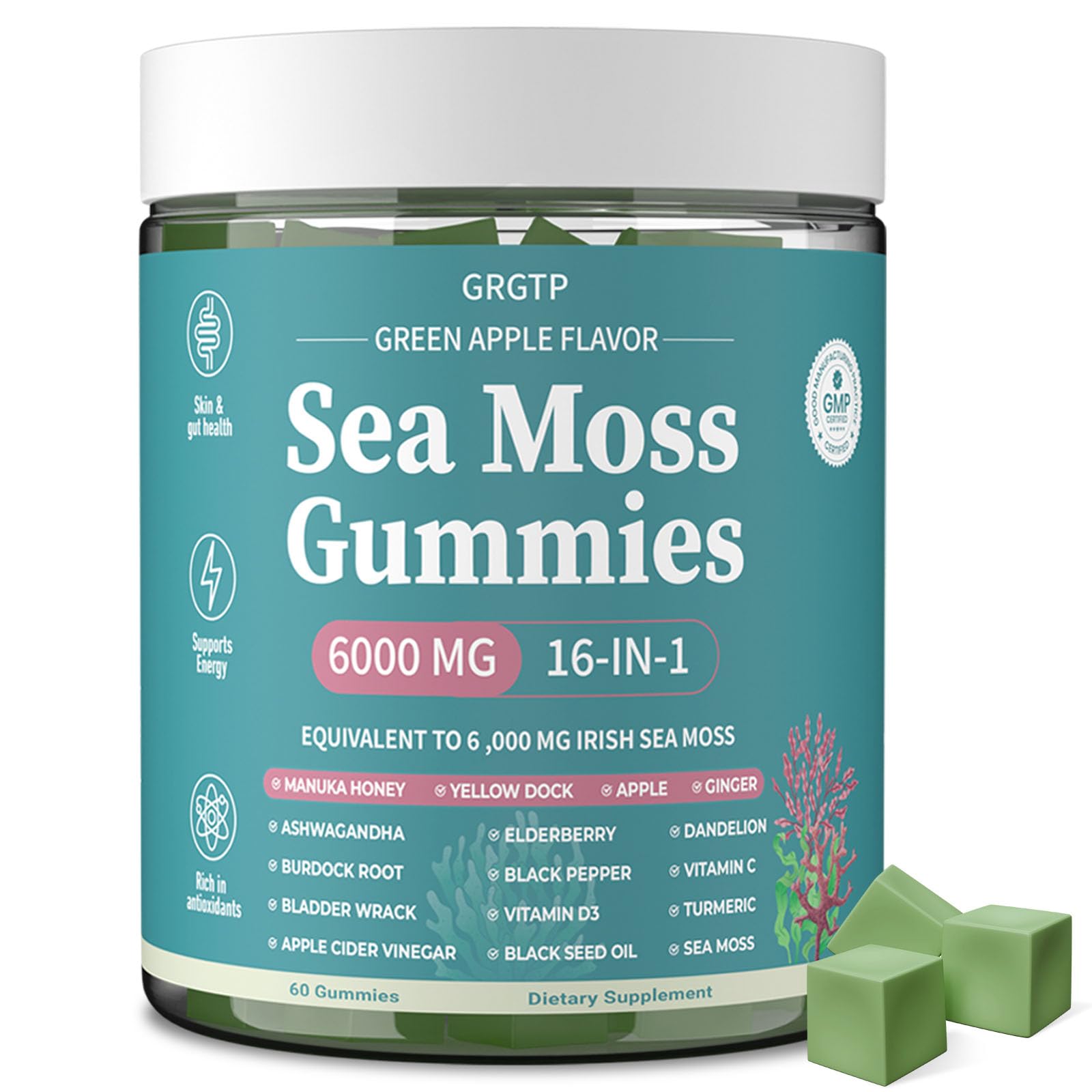 Sea Moss Gummies 16-in-1 - Ashwagandha Black Seed Oil Bladder Wrack Turmeric Vitamin C & D3 with Manuka Burdock Root Dandelion Yellow Dock Natural Detox & Liver Health Immune Support, Energy Boost GRGTP Au supplements