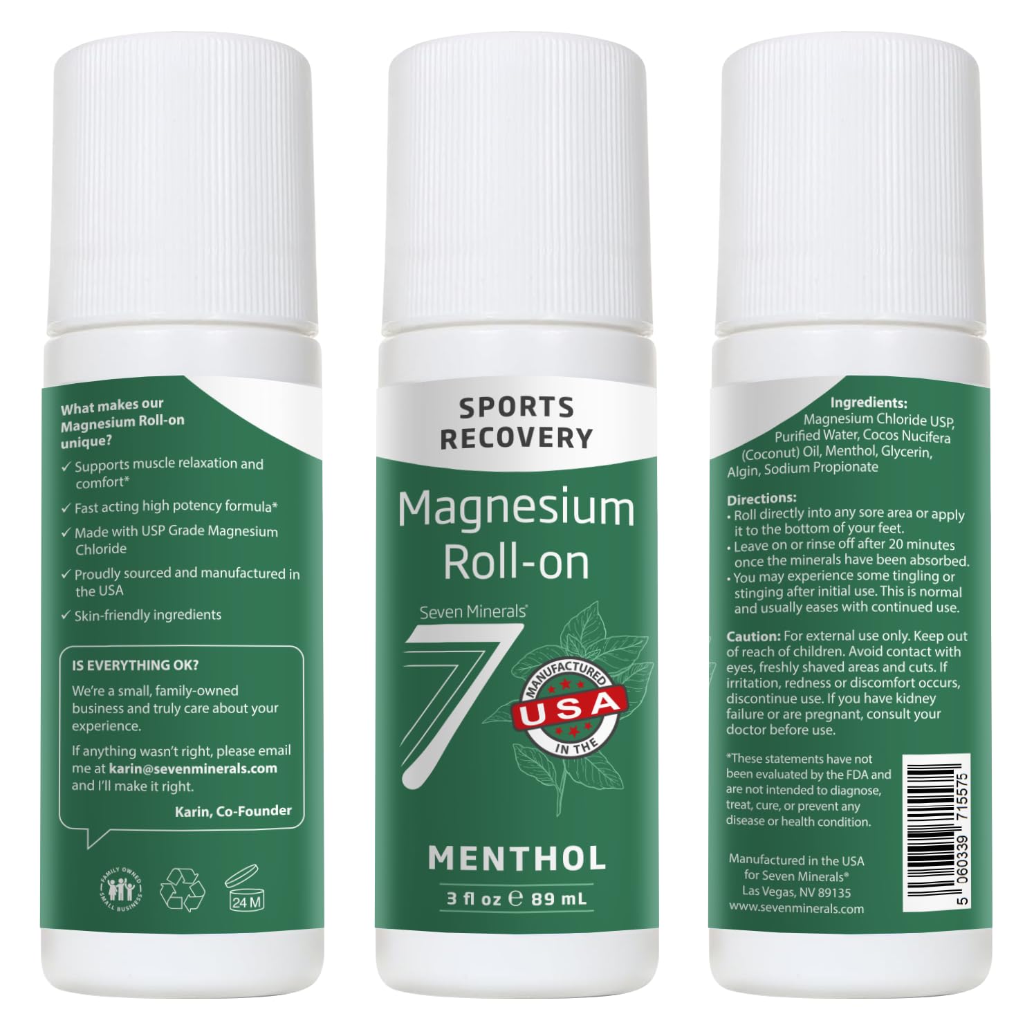Seven Minerals Magnesium Roll On Stick with Menthol for Pain Relief - Cooling Magnesium Oil for Sports Recovery, Sore Muscles, Backache - Fast Acting - All Natural Alternative, 3 Fl Oz Seven Minerals Au supplements