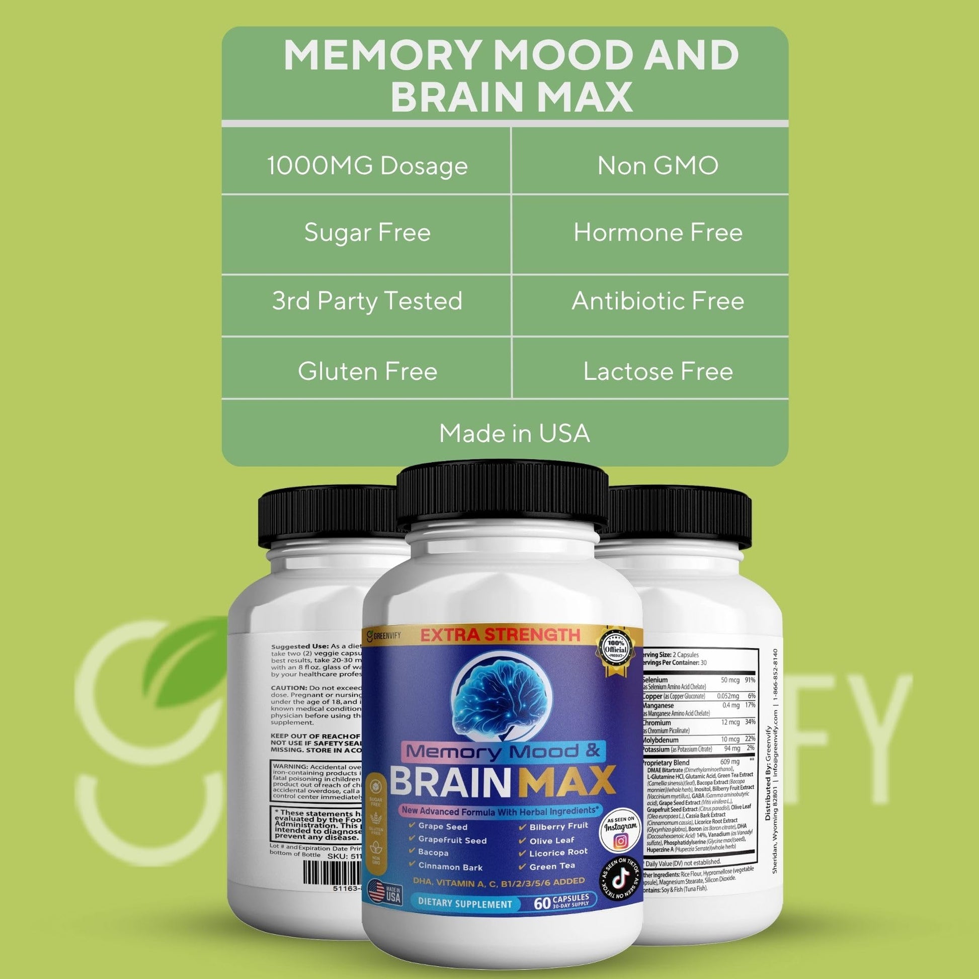 Memory, Mood & Brain Max Extra Strength Supplement with Herbal Ingredients, 60 Capsules, DHA, Vitamins, Bacopa, Green Tea (1) GREENVIFY Au supplements