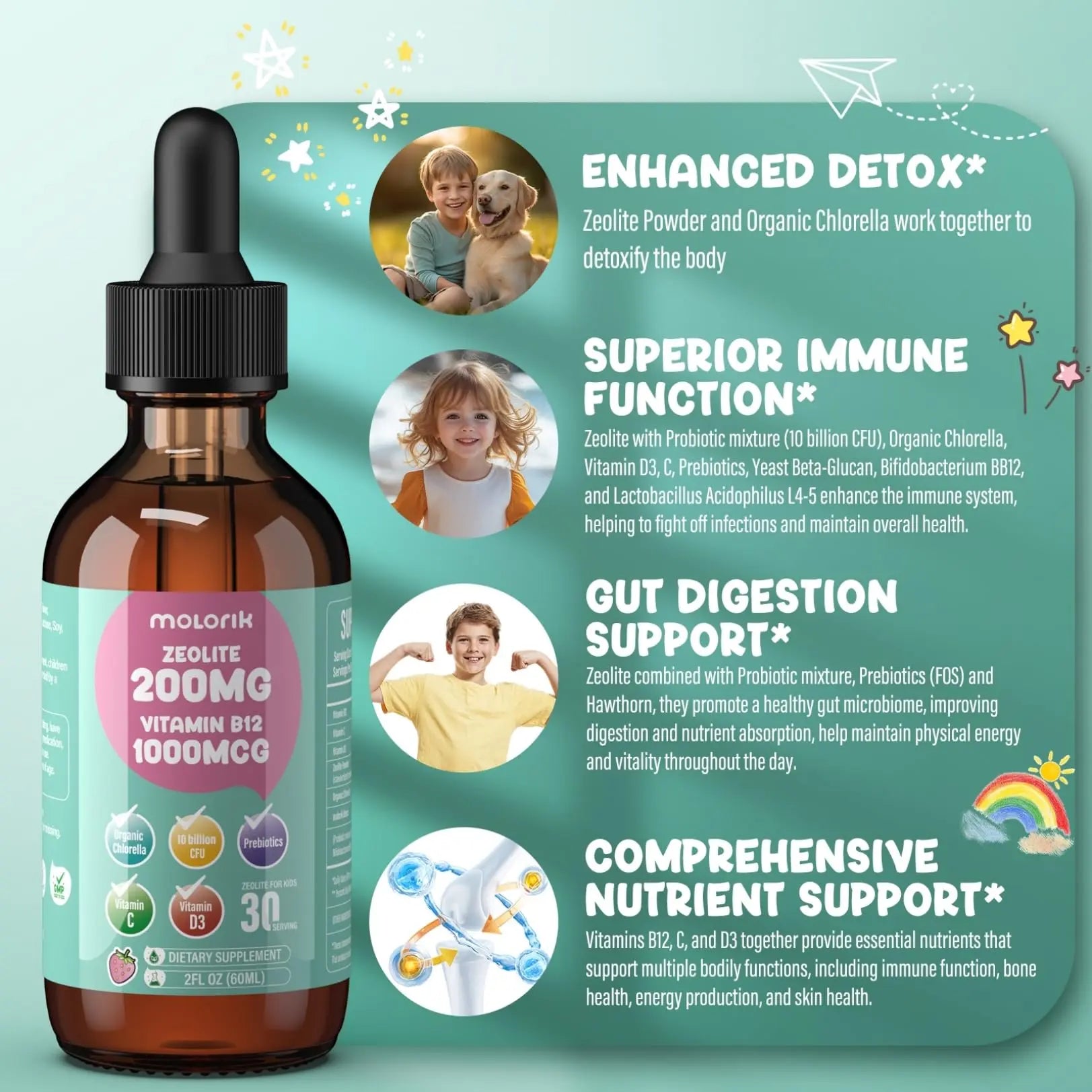 Zeolite Detox for Kids and Adults, 200mg Zeolite Liquid Drops with 1000mcg Vitamin B12, Organic Chlorella, 10 billion CFU & Prebiotics for Gut Support & Speech, Immune, Bone, Energy*, Strawberry, 60ML molorik pure Au supplements