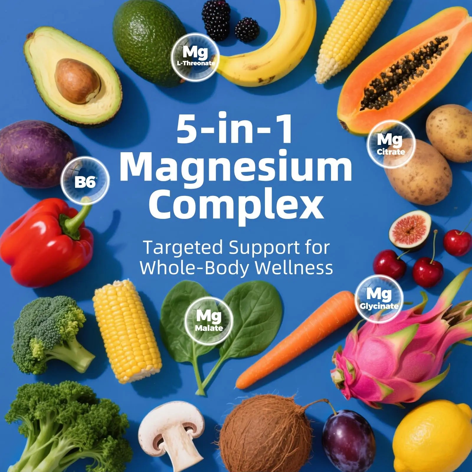 5 in 1 Magnesium Complex, 976mg Complex with Magnesium Glycinate, Citrate, Malate & L-Threonate, Vitamin B6 for High Absorption, Third Party Tested, Gluten-Free, Easy-Swallow Vegan Capsule PeakVigor Au supplements