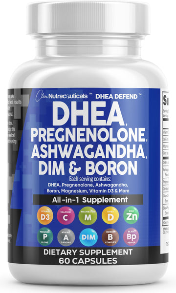 DHEA 200mg Supplement Pregnenolone 100mg for Men & Women with DIM Ashwagandha Boron 6mg Complex Calcium Magnesium Zinc 50mg Vitamin D3 5000 iu Hormone Support Capsules Pills - Made in USA 60 Ct Clean Nutraceuticals Au supplements