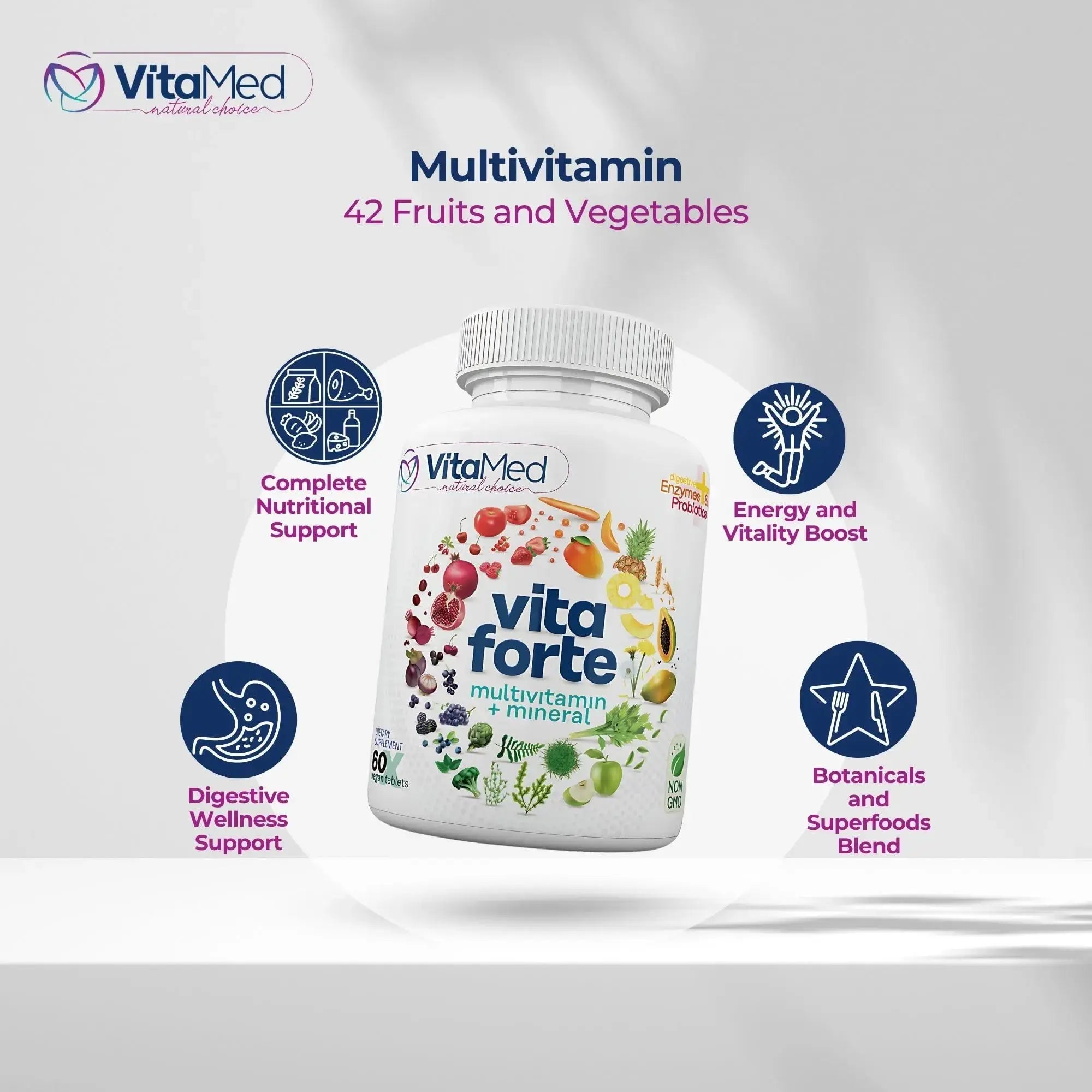 Vita Forte Vegan Multivitamin with Probiotics, Digestive Enzymes & 42 Fruits & Vegetables – Halal Certified VitaMed Au supplements