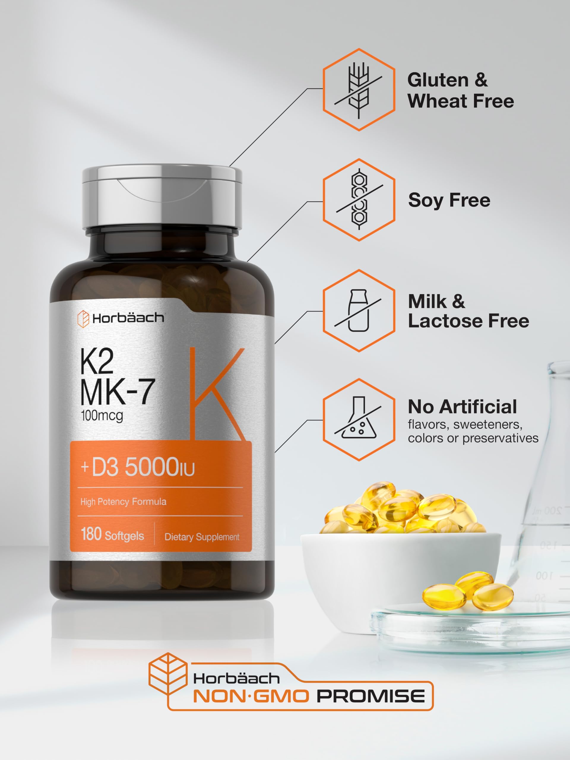 Horbäach Vitamin D3 K2 | 5000iu of Vitamin D & 100mcg MK-7 Complex | 180 Softgel Cap Horbäach Au supplements