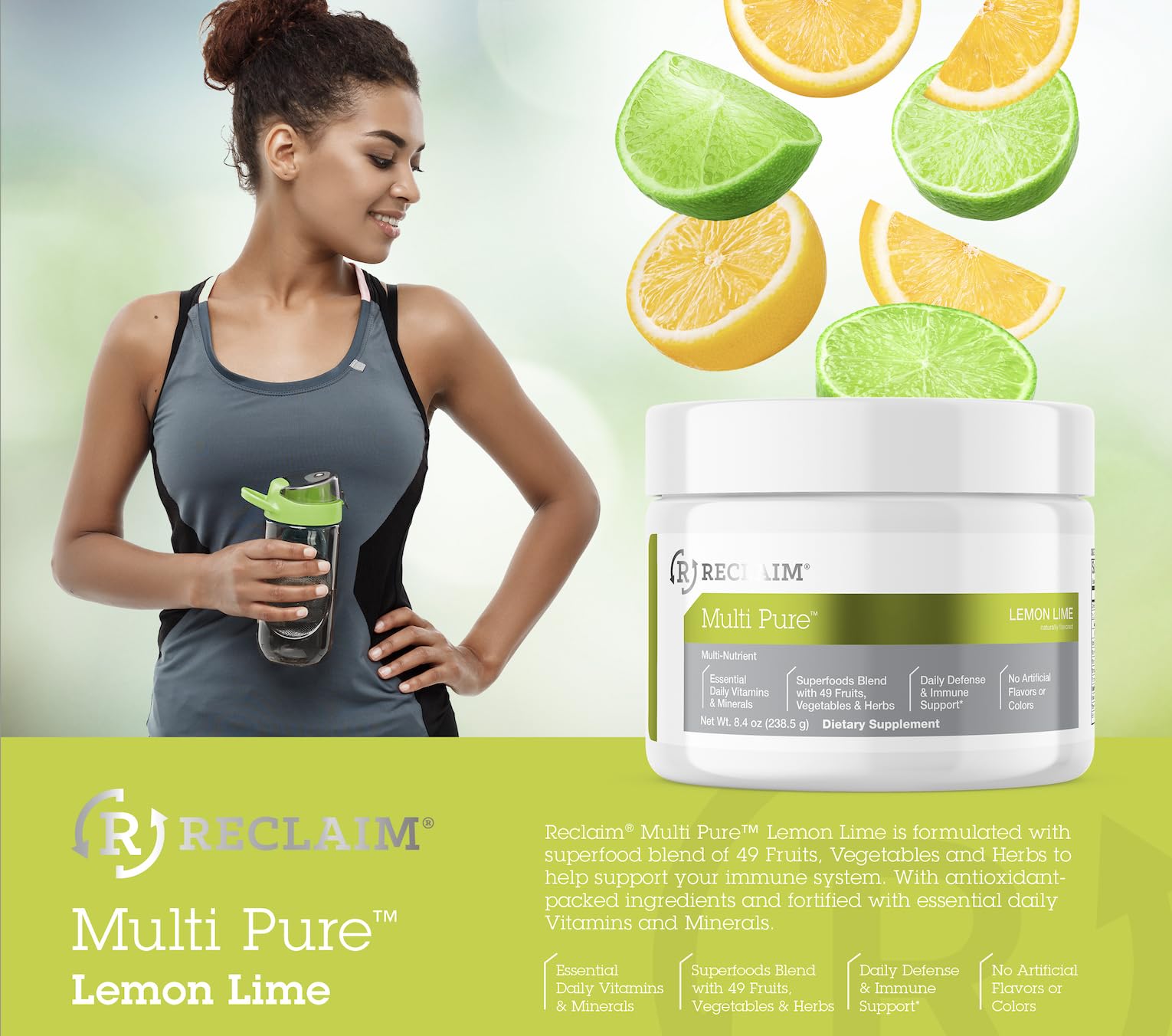 Reclaim Multi Pure Lemon Lime, Immune Support, Vitamin C, Vitamin B Complex, Probiotic, Superfood Powder, Calcium, Magnesium Oxide, (30 Servings) (Lemon Lime) Complete Nutrition Au supplements