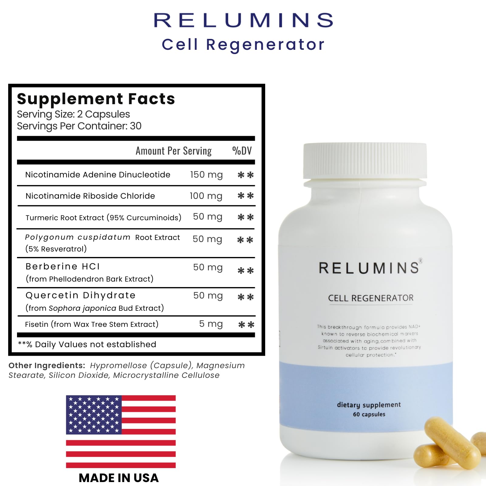 Relumins NAD+ Supplement with Nicotinamide Riboside, Resveratrol, Quercetin, Fisetin & Curcumin – Focus, Vitality, Energy, Balance & Daily Wellness Support – 60 Vegan Capsules Relumins Au supplements
