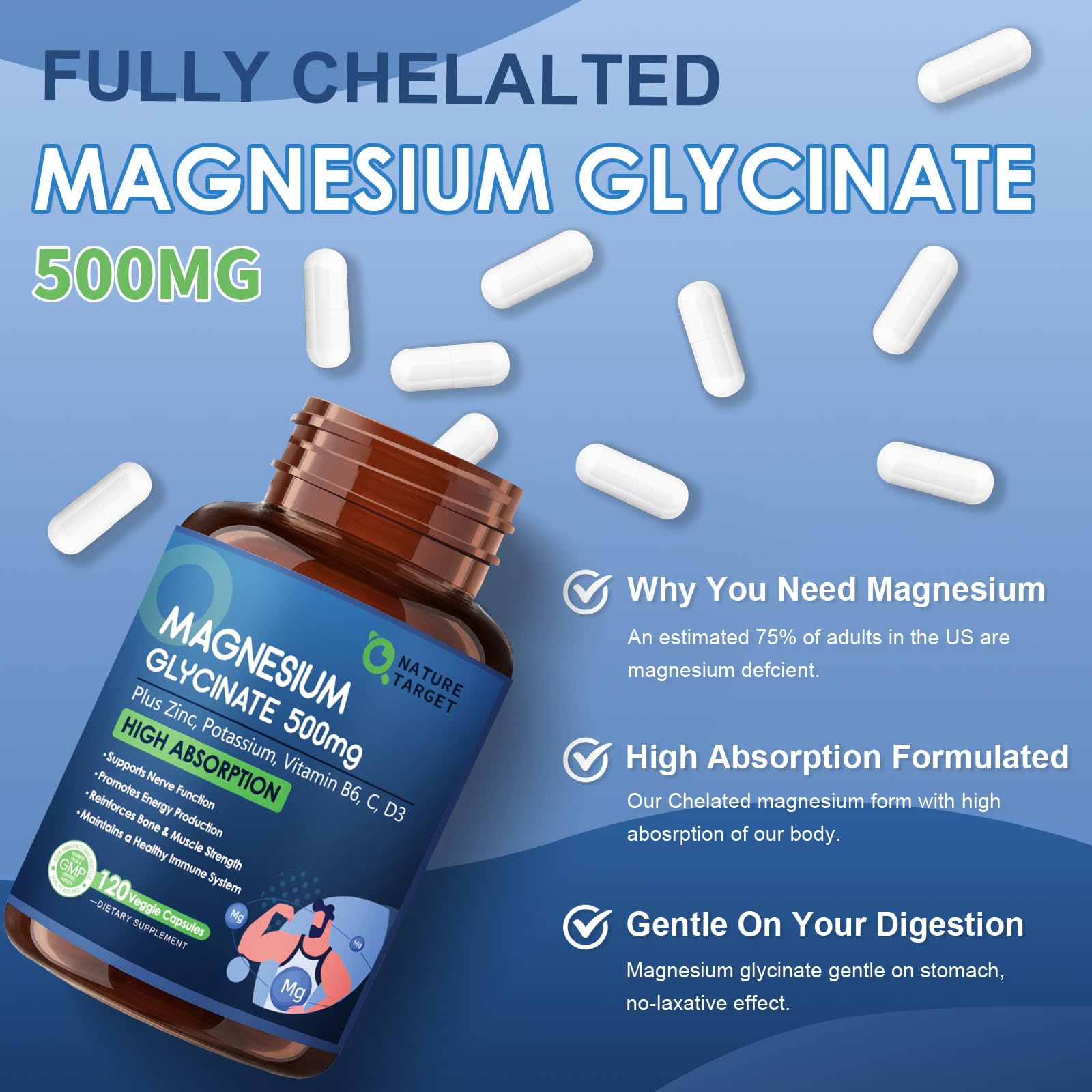 NATURE TARGET Magnesium Glycinate 500mg, Chelated Magnesium with Zinc & Vitamin D3 for Muscle, Nerve & Bone, Support Heart Health & Leg Cramp, Strength Immune System - 120 Capsules NATURE TARGET Au supplements