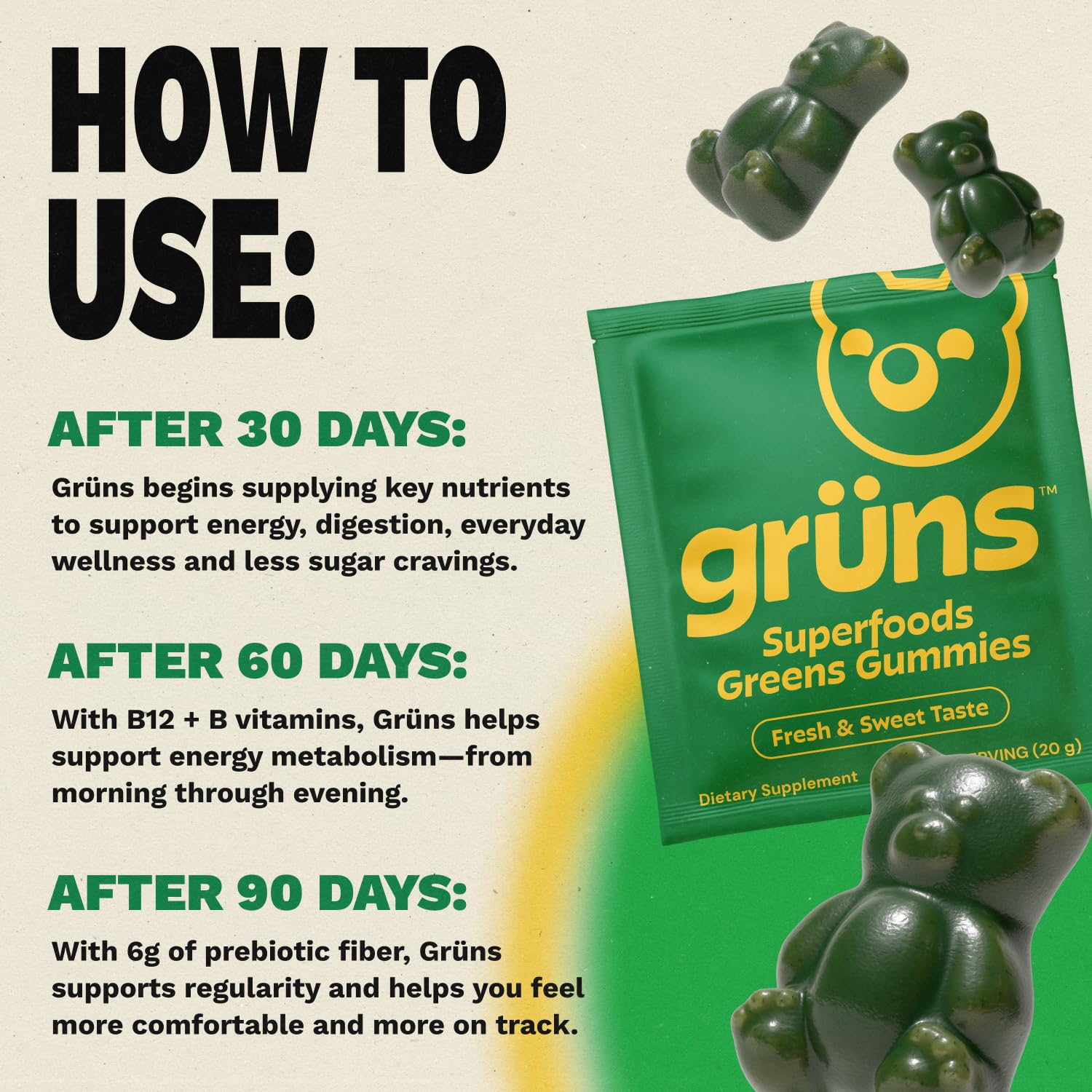 Gruns Adults Super Greens Gummies, Multivitamin Superfood Gummy Bears, Spirulina, Chlorella, Prebiotics & Fiber Gummies for Digestive Health, Adaptogens Supplement, 20 Vitamins & Minerals, 10 Count Grüns Au supplements