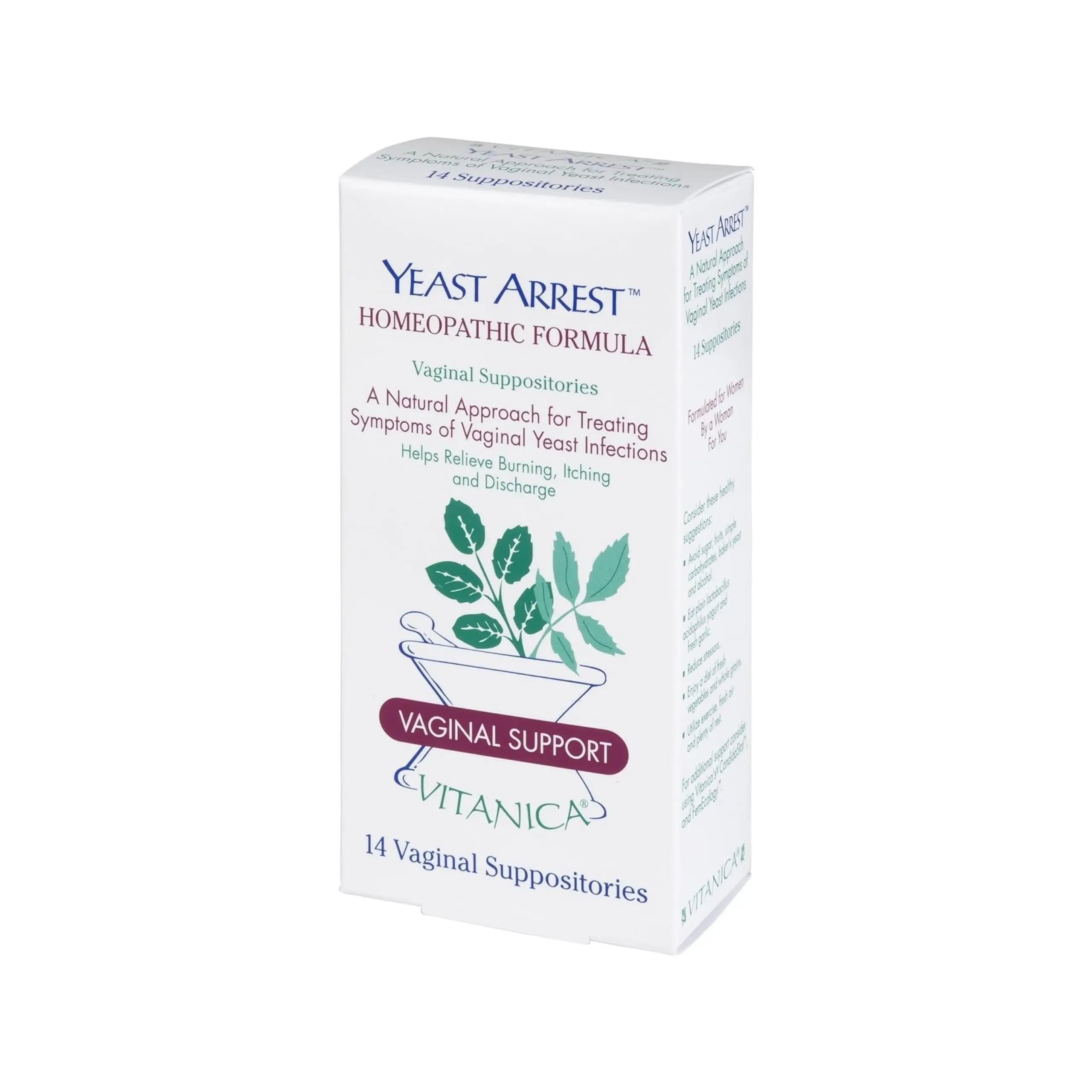 Vitanica Yeast Arrest, Homeopathic Vaginal Suppositories, for Yeast Infection Symptoms, Relieves Burning, Itching & Discharge, with Boric Acid, Tea Tree Oil & Probiotics, Vegan (Pro Logo, 14ct) Vitanica Au supplements