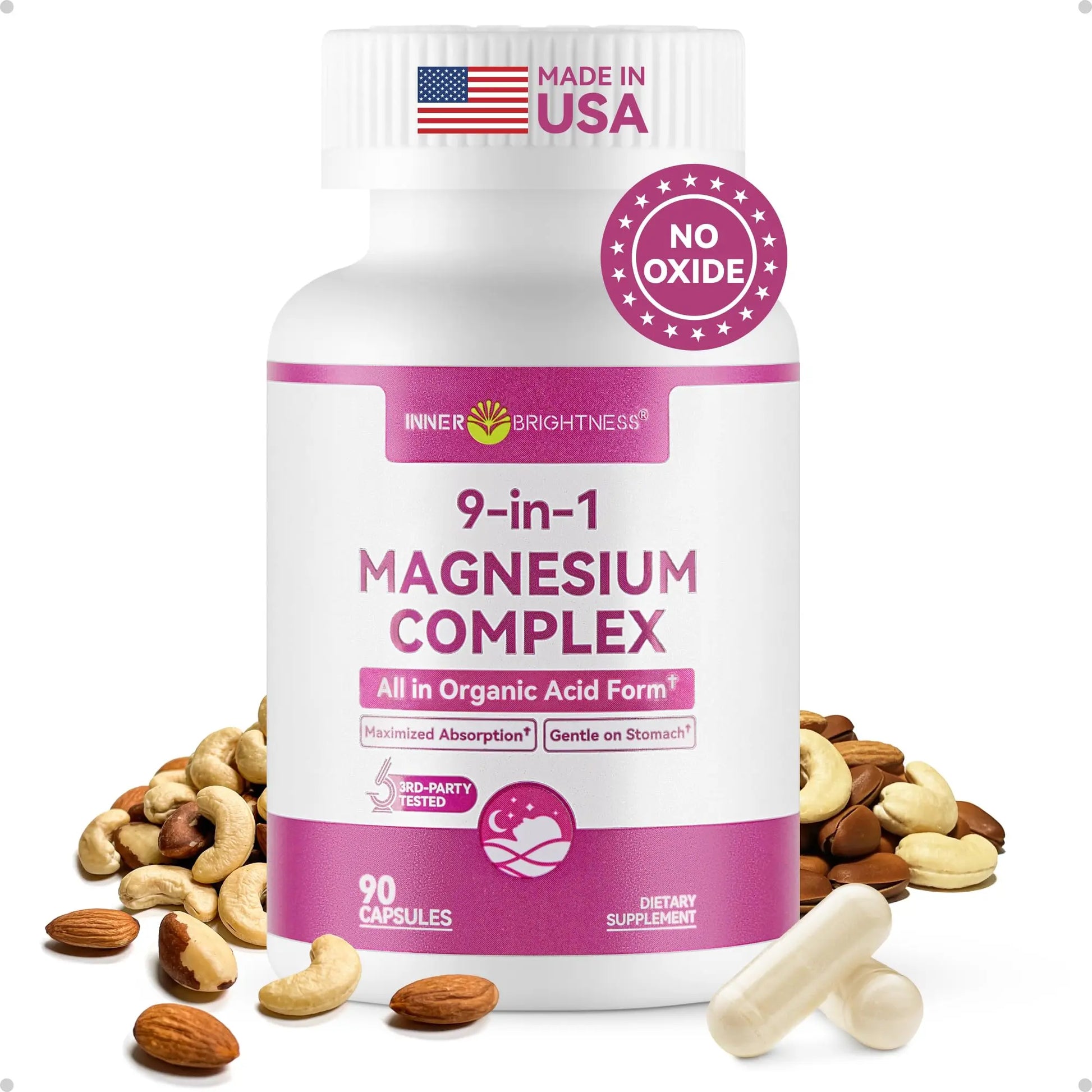 9-in-1 Magnesium Complex, 300mg Magnesium from 9 Organic Forms, Glycinate, Citrate, Malate, High Absorption for Sleep & Relaxation, Energy & Muscle Support, 90 Capsules Inner Brightness Au supplements