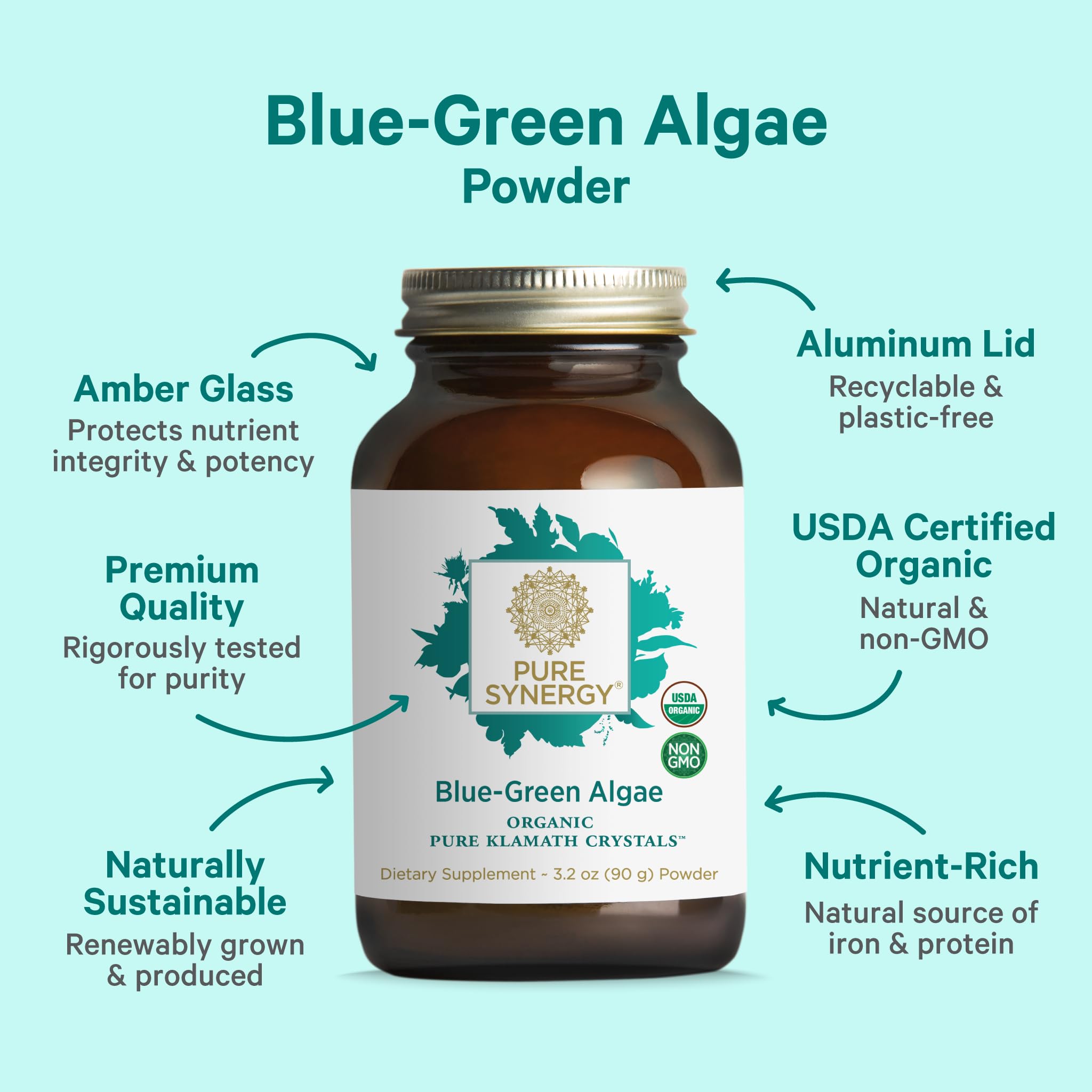 PURE SYNERGY Blue-Green Algae Powder | Superfood Powder with Chlorophyll | Organic AFA Blue Green Algae Supplement | Supports Energy, Mental Clarity, and Detoxification (3.2 oz.) PURE SYNERGY Au supplements