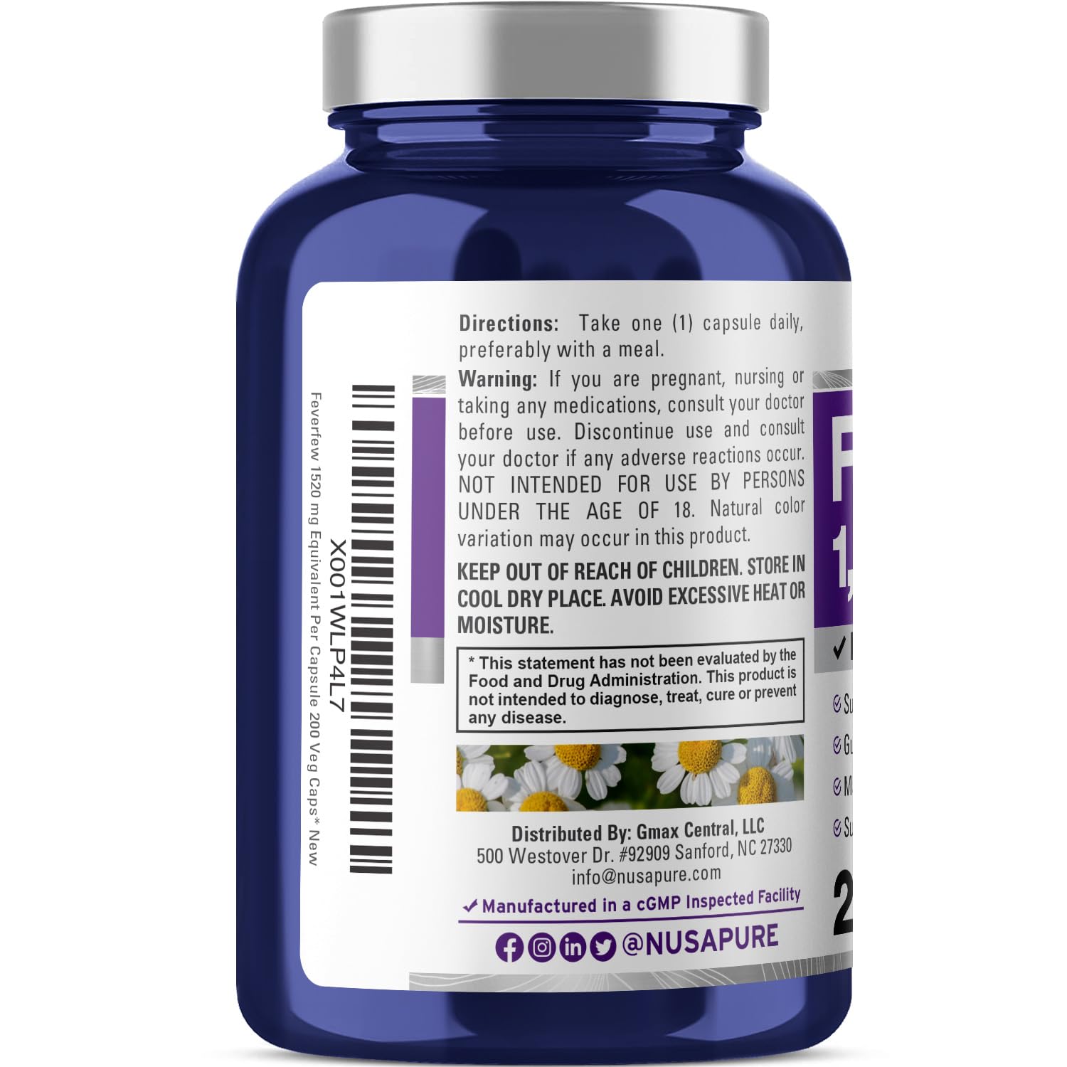 NusaPure Feverfew Extract 4:1 - Suitable for Vegetarian/Vegan, Non - GMO - 1520mg 200 Capsules NusaPure Au supplements
