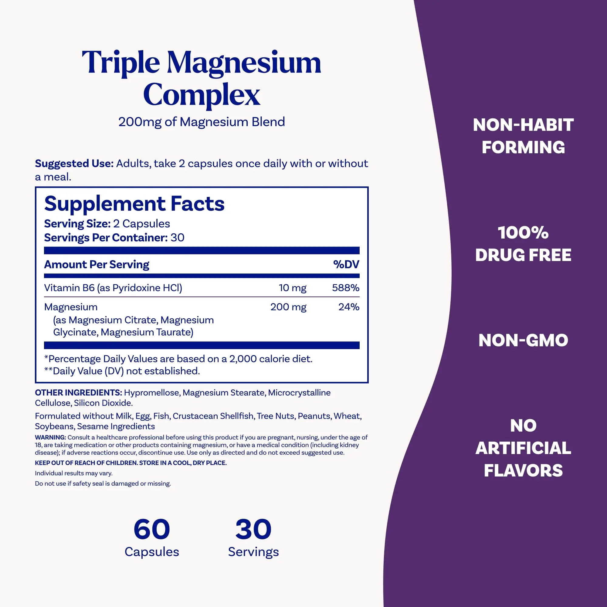 Natrol Triple Magnesium Complex Supplement, Glycinate, Citrate & Taurate 200mg High Absorption, Support Whole Body Wellness, 60 Capsules Natrol Au supplements