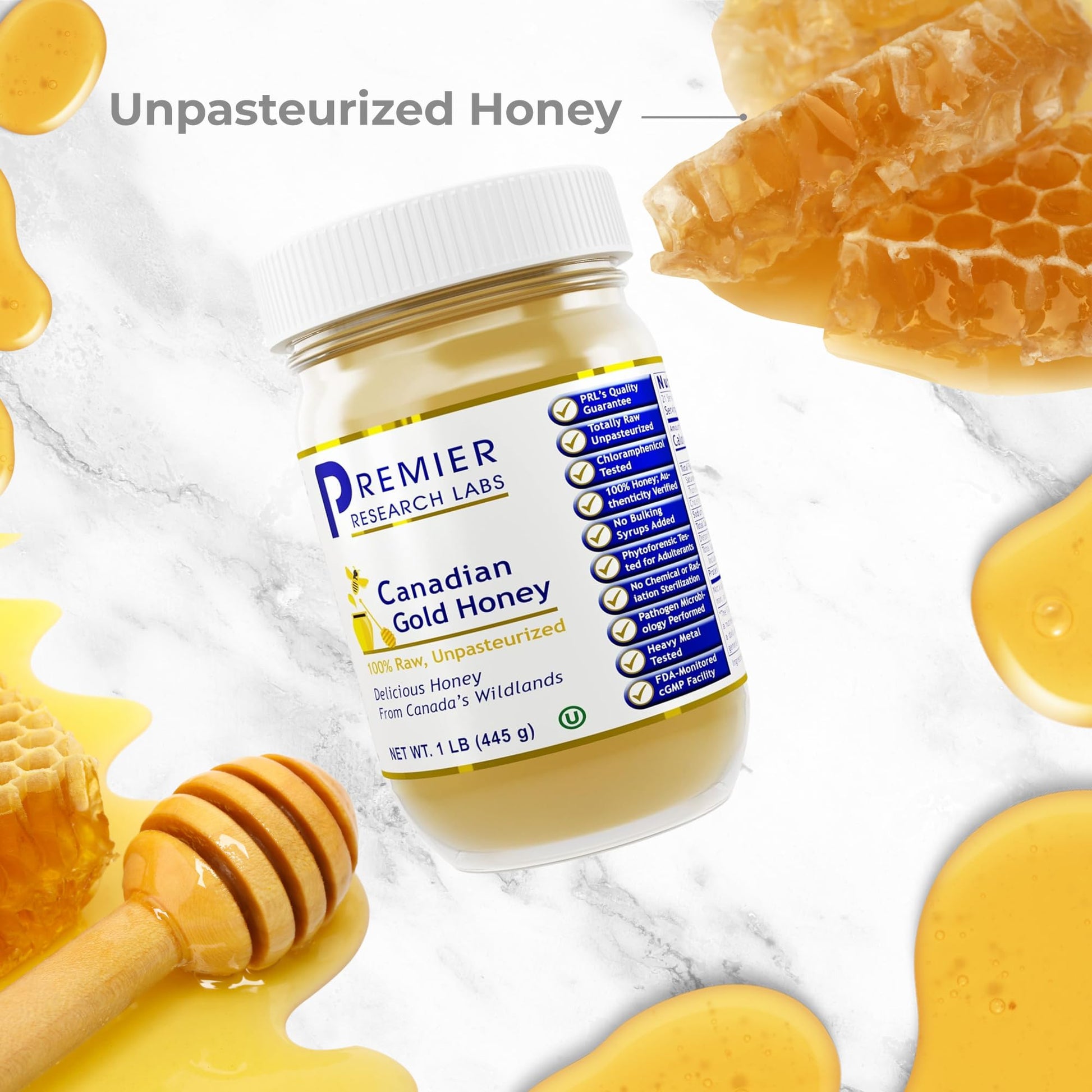 Premier Research Labs Canadian Gold Honey - Raw Honey, Pure Honey, Raw Unpasteurized Honey, Unfiltered, 100% Pure, Sugar-Free, Unprocessed Wildflower Honey - 1 lb Jar Premier Research Labs Au supplements