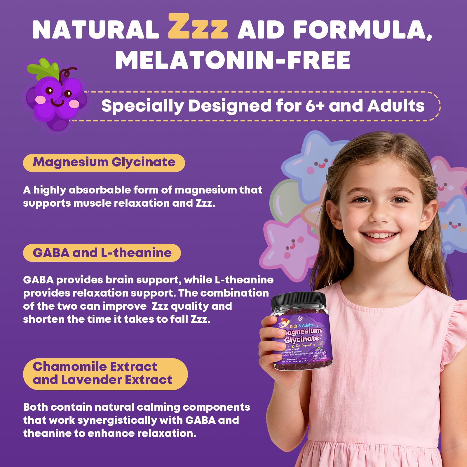 Sugar Free Magnesium Glycinate Gummies for Kids & Adults - Zzz Support, Relaxation & Cognition Support, 200/400mg Magnesium Gummies with L-Theanine, GABA, Calcium, B6, D3, C & K2, Grape Flavor, 60 Ct JIANKYTZ Au supplements