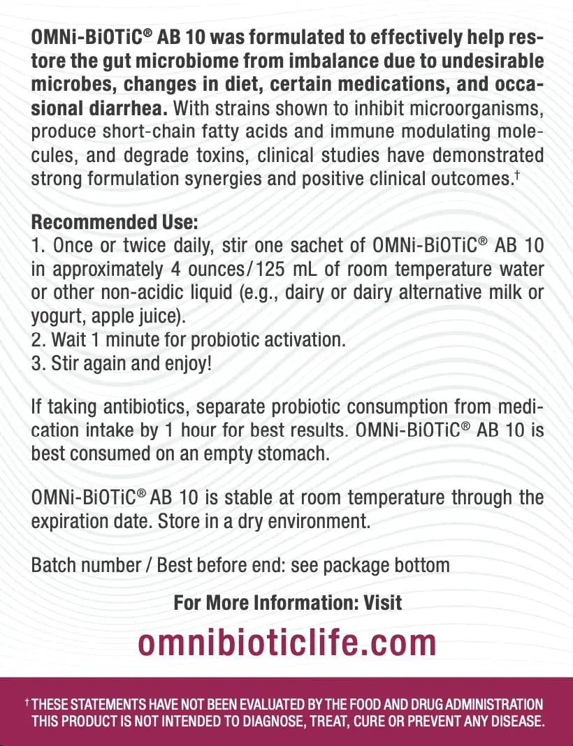 OMNi BiOTiC AB 10 - Clinically Tested Restorative Probiotic - Supports & Restores Gut Flora & Digestion - Digestive Probiotic for Diarrhea - Vegan, Hypoallergenic, Non-GMO (30 Daily Packets) OMNi BiOTiC Au supplements