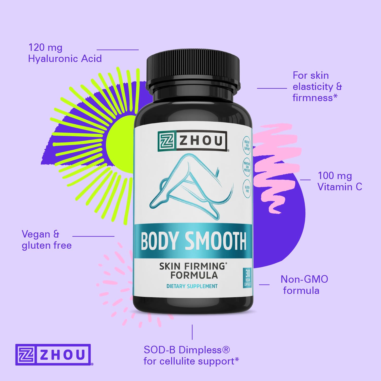 Zhou Body Smooth - Cellulite Pills for Women, Dimpless Anti Cellulite Supplement for Firm Smooth Skin with Hyaluronic Acid & Vitamin C, Skincare for Thigh, Legs, Butt, Supports Hydration - 30 Capsules ZHOU Au supplements