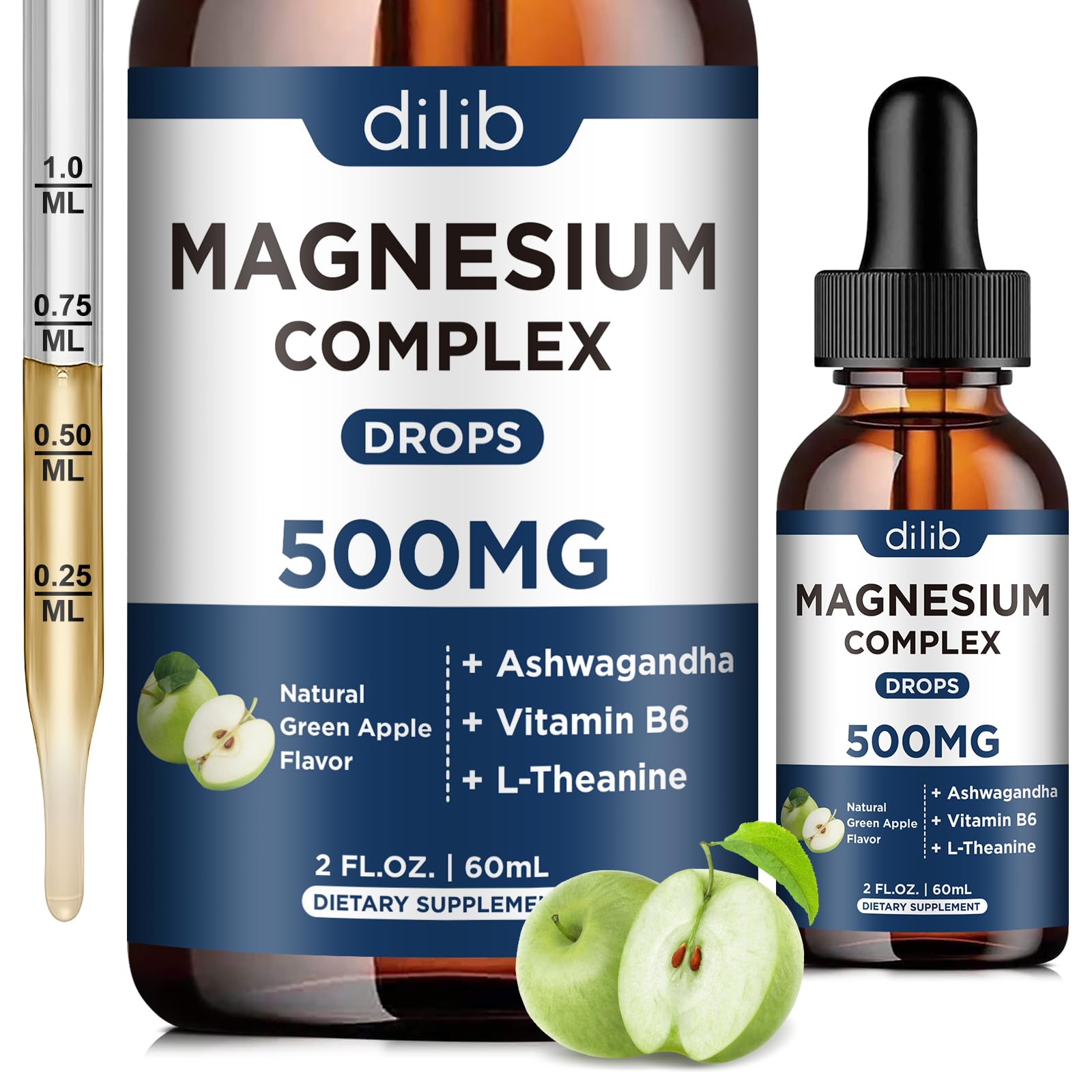 Triple Magnesium Complex Supplement-Magnesium Glycinate, Citrate, Malate Liquid Drops 500mg with Ashwagandha, L-Theanine, B6 for Calm, Stress Relief, Sleep, Muscle Support-Green Apple Flavor dilib Au supplements