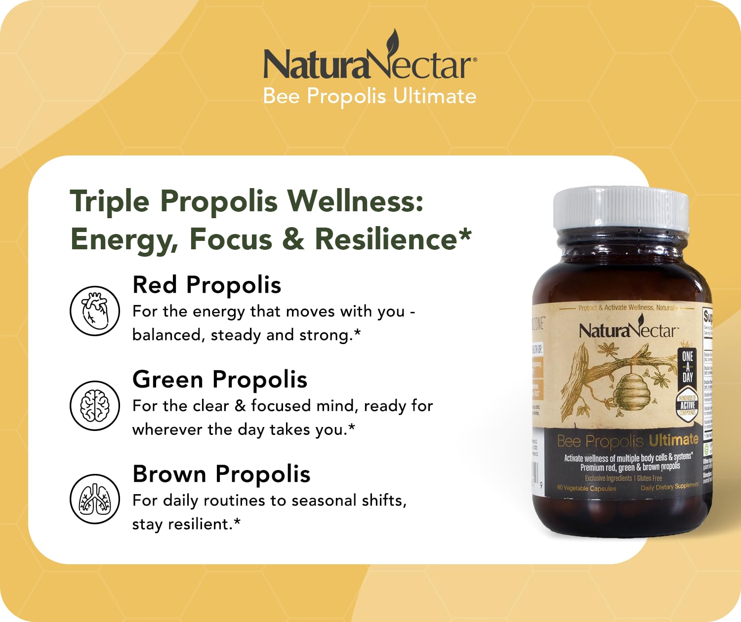 NaturaNectar - Ultimate Bee Propolis Capsules - NSF Contents Certified -Brazilian Red, Brown, & Green - Gluten-Free Supplement with Flavonoids - Naturally Sourced Through Ethical Beekeeping (60pcs.) NaturaNectar Au supplements