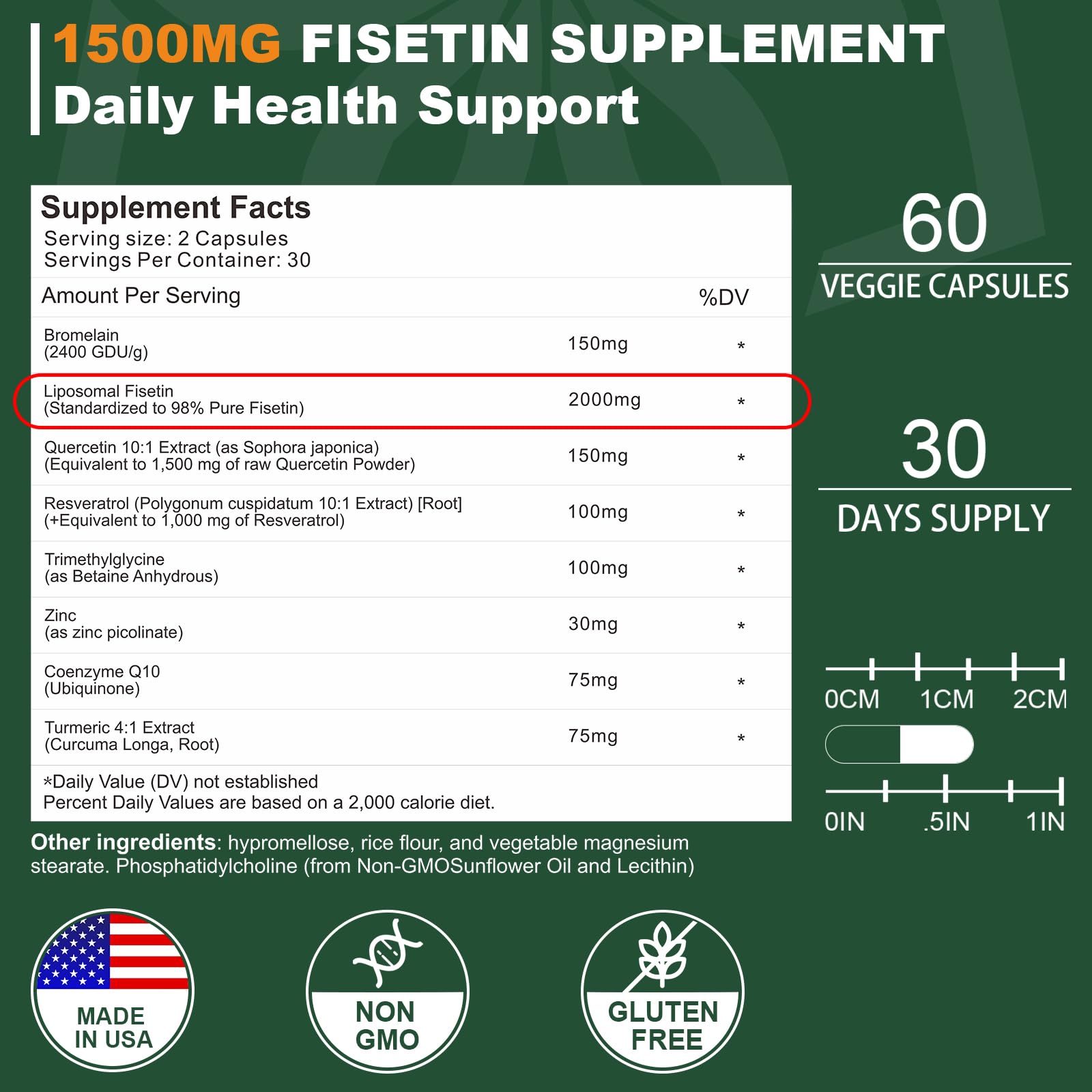 Liposomal Fisetin Supplement, 2000MG, 98% Pure Fisetin Polyphenols Antioxidants, with Quercetin, TMG and Resveratrol, for Healthy Aging, Cognitive Support, 120 Capsules NICMIN Au supplements