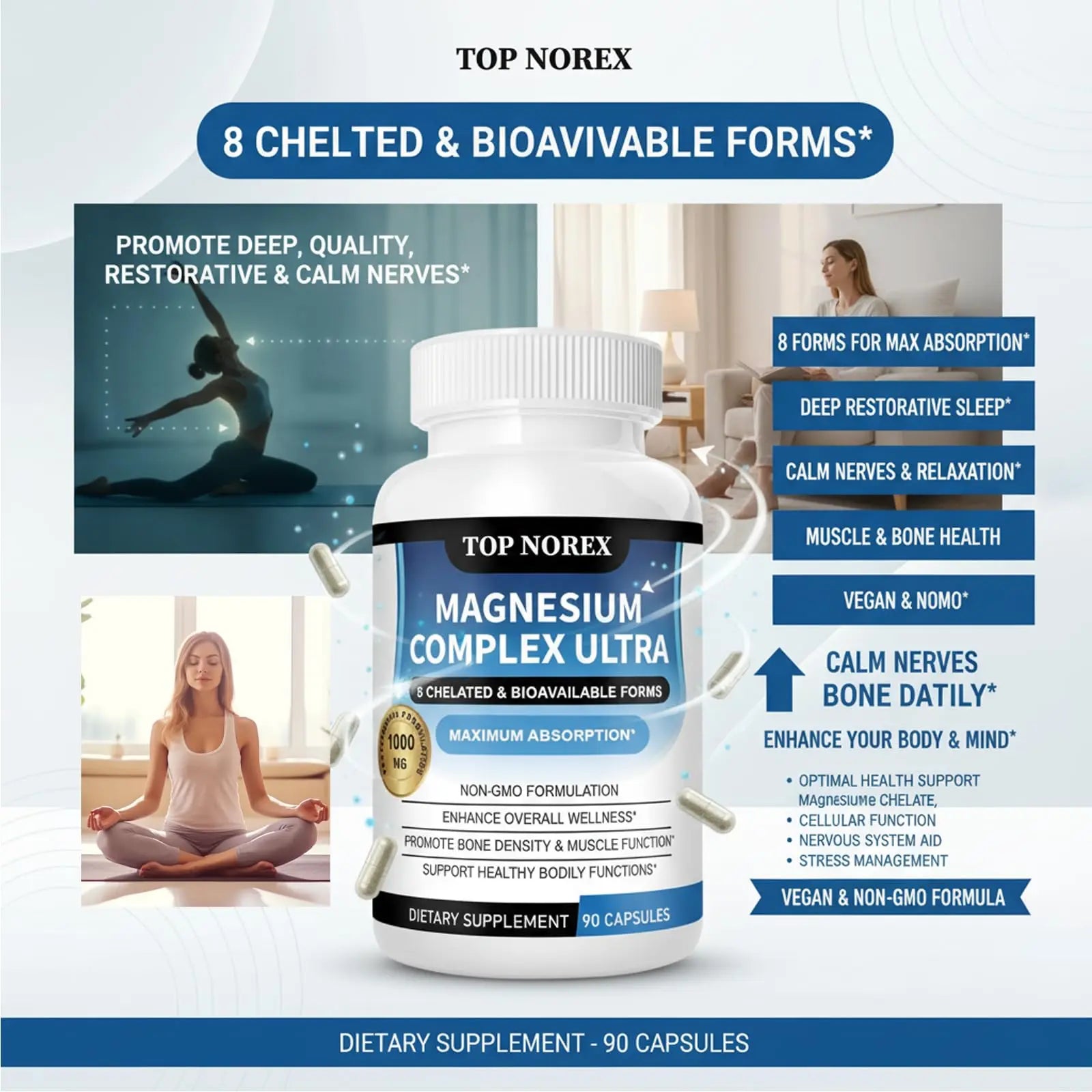 Top Norex Magnesium Complex Ultra - 8 Elemental 1000mg Magnesium Blend, Easy Absorption, 90 Capsules (1) Top Norex Au supplements
