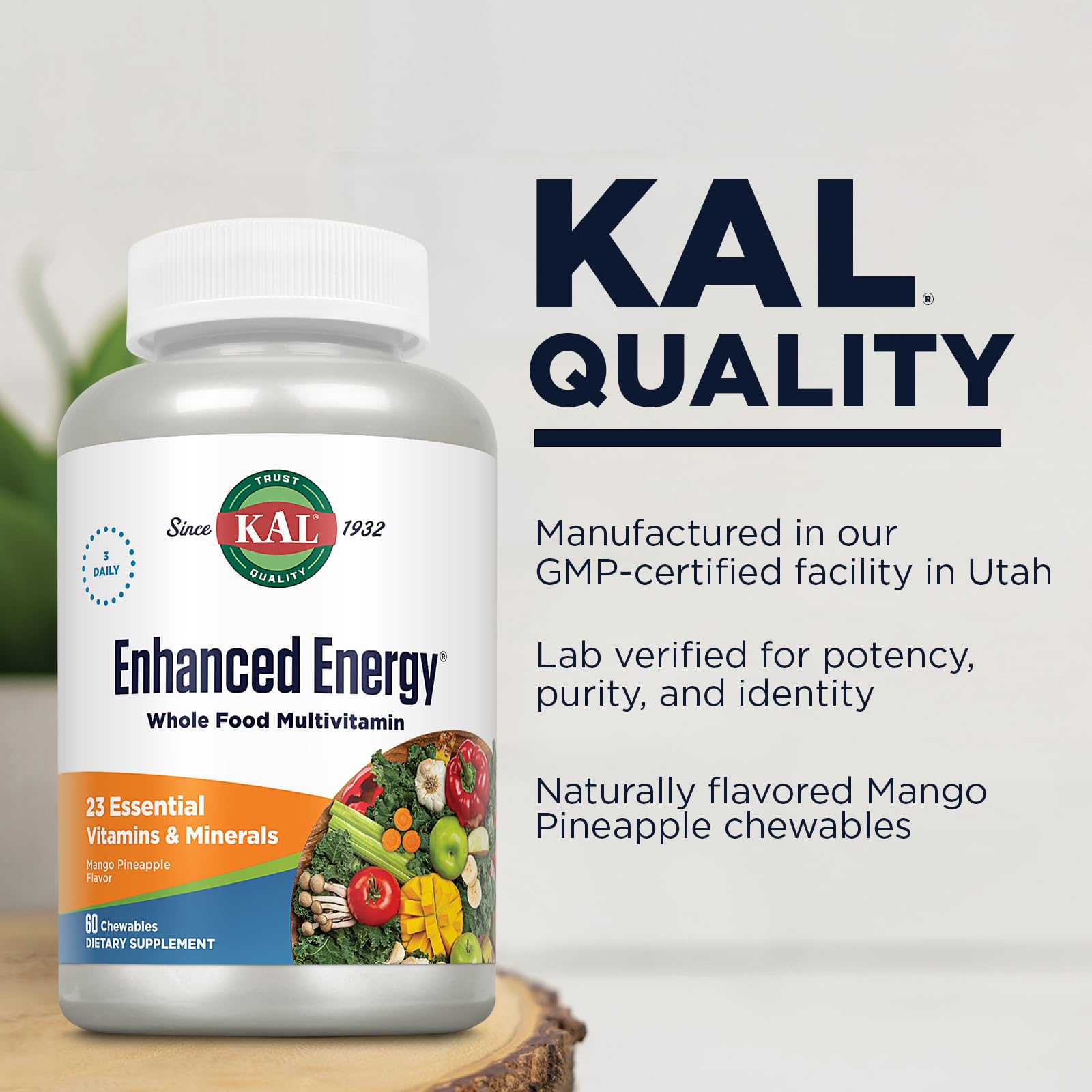 KAL Enhanced Energy Supplements, Whole Food Chewable Multivitamin with Iron, 3 Daily, 23 Essential Vitamins and Minerals, Super Foods, Enzymes, Mango Pineapple Flavor, 60-Day Guarantee, 20 Serv, 60ct KAL Au supplements