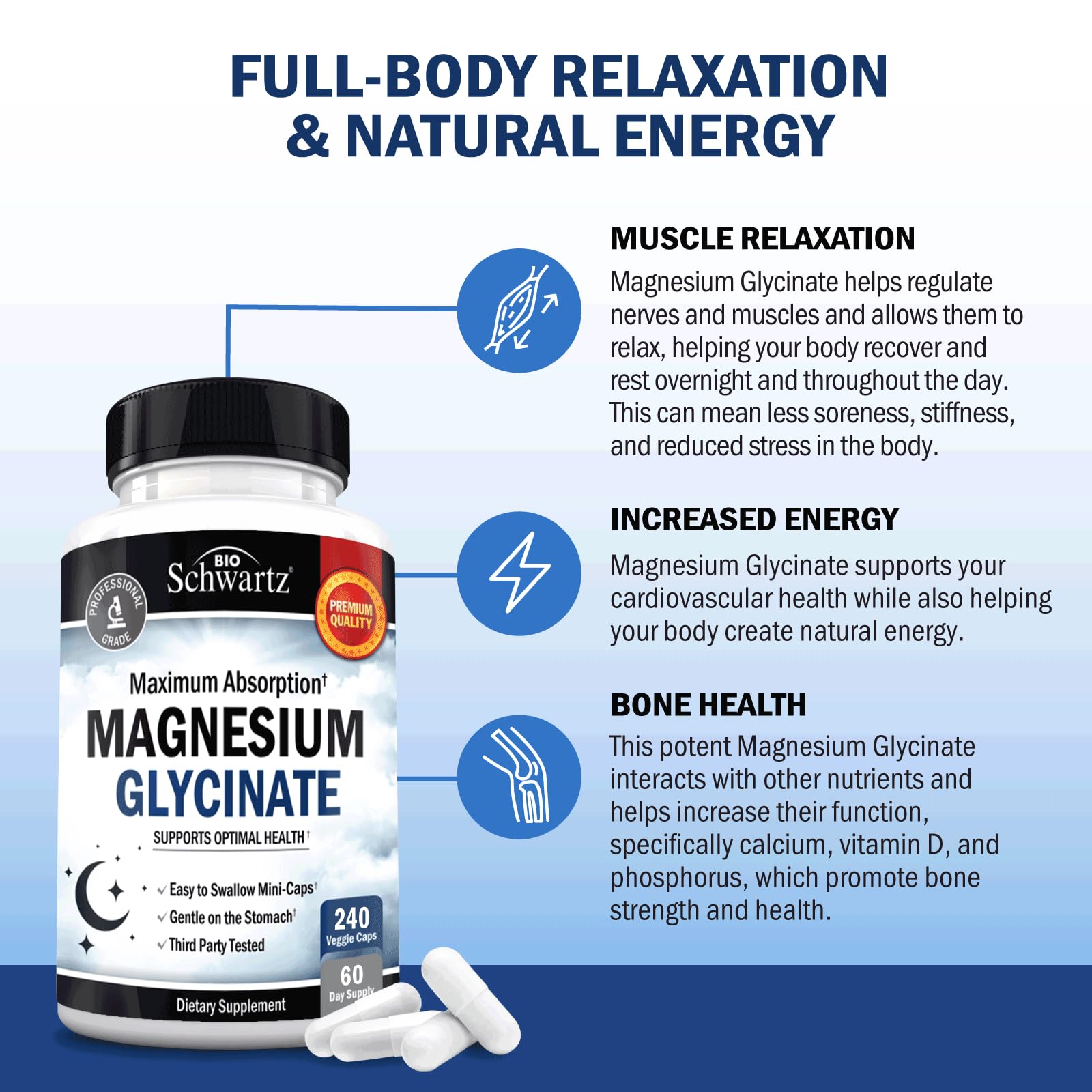 BioSchwartz Magnesium Glycinate 500mg Capsules (240 Mini Caps) Maximum Absorption Magnesium Supplement for Healthy Nerves Muscles Heart Mood and Sleep Support (Vegan, Gluten-Free, Non-GMO) BioSchwartz Au supplements