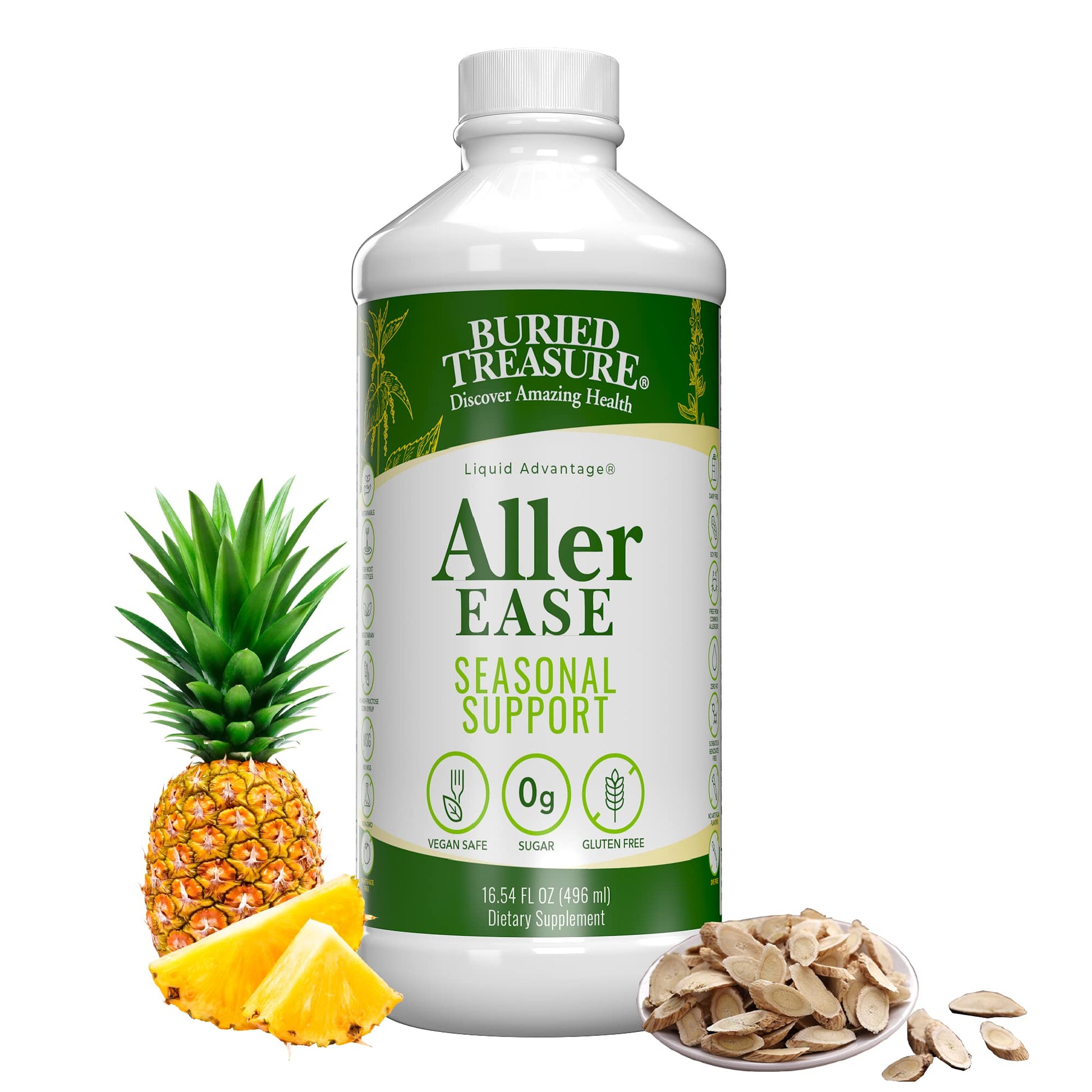 Buried Treasures Aller Ease - 16 fl oz. Liquid Supplement w/ Quercetin, Bromelain, Mullein, Supports Immune, Sinus Comfort, Non-Drowsy Herbal Formula Buried Treasure Au supplements