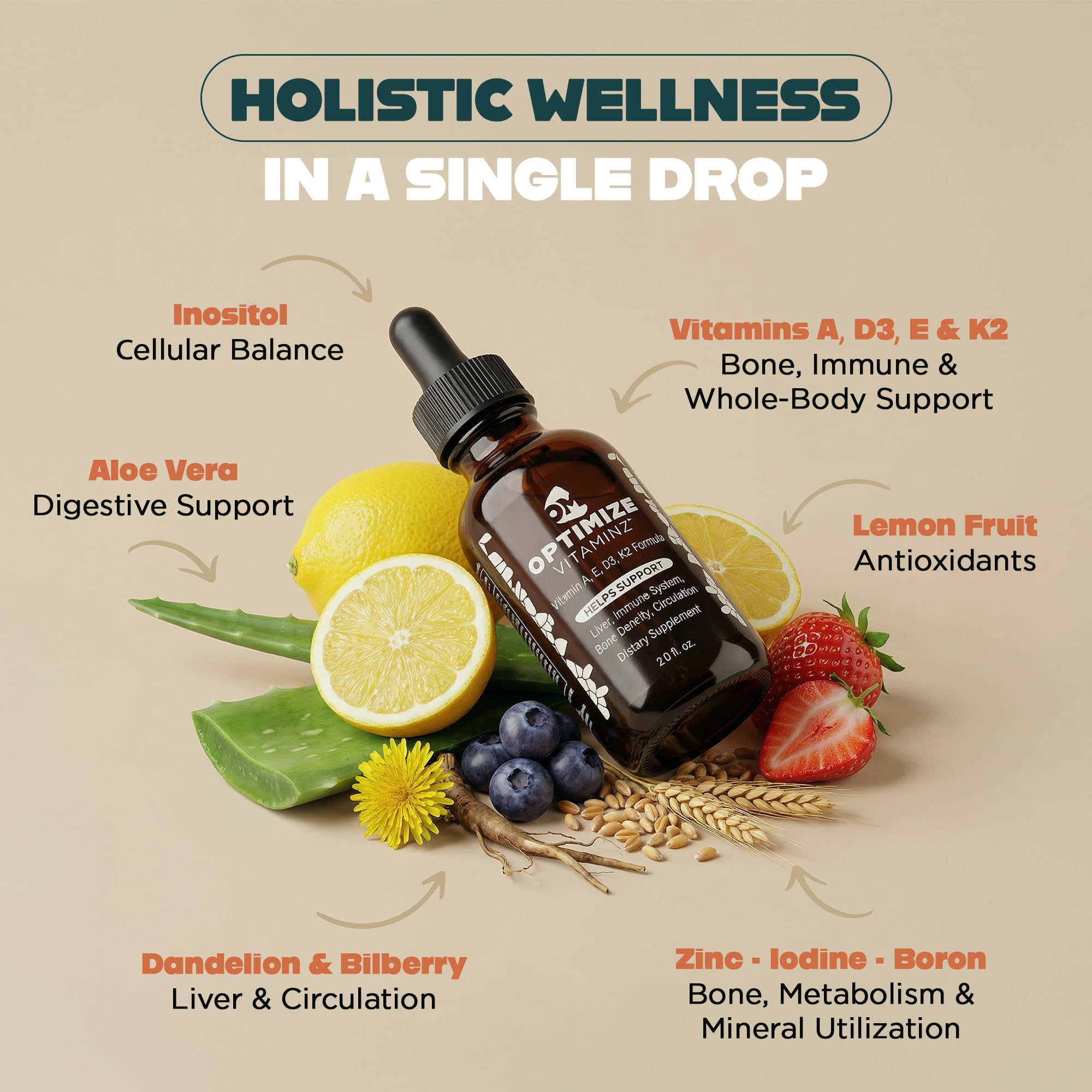 Optimize Vitaminz Liquid Vitamin D3 K2 Drops with Dandelion Root & Bilberry | Immune, Liver & Bone Support, MK-7 Formula, Fast Absorption Liquid Multivitamin, 30 Day Supply, 2 Fl Oz Optimize Minerals Au supplements
