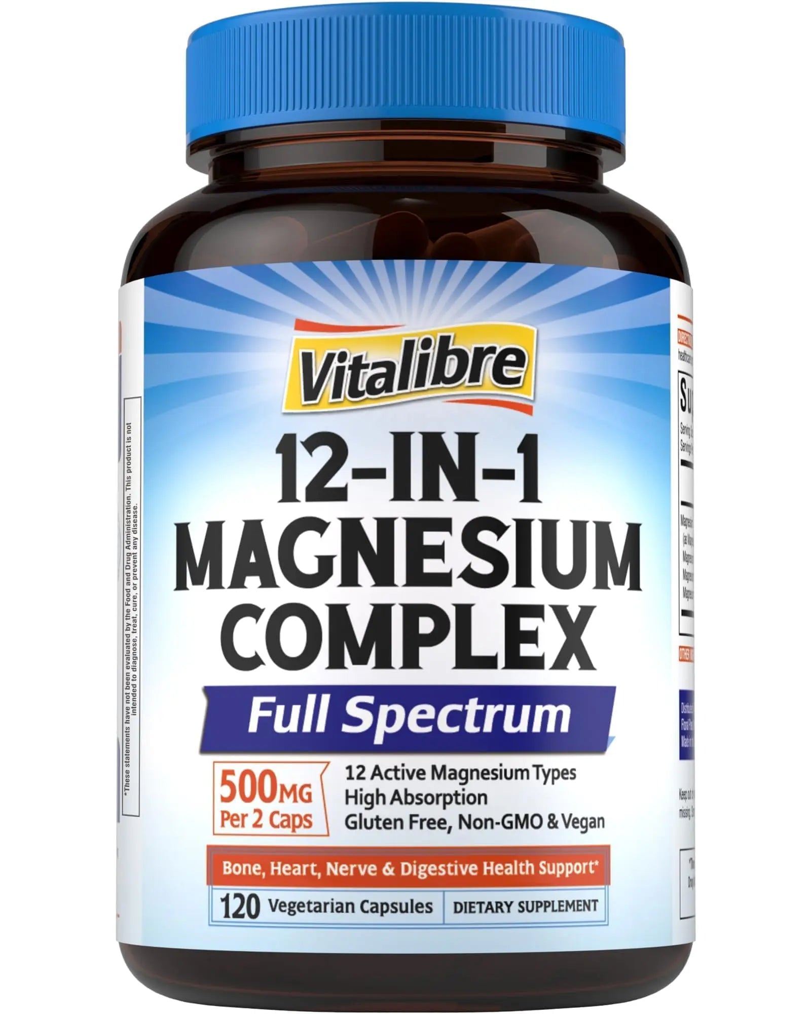 Vitalibre 12 in 1 Magnesium Complex Supplement 500mg | Max Absorption Chelated Magnesium Glycinate Citrate Malate & More for Bone, Nerve & Digestive Support | Non-GMO Vegan Capsules (120 Count) Vitalibre Au supplements