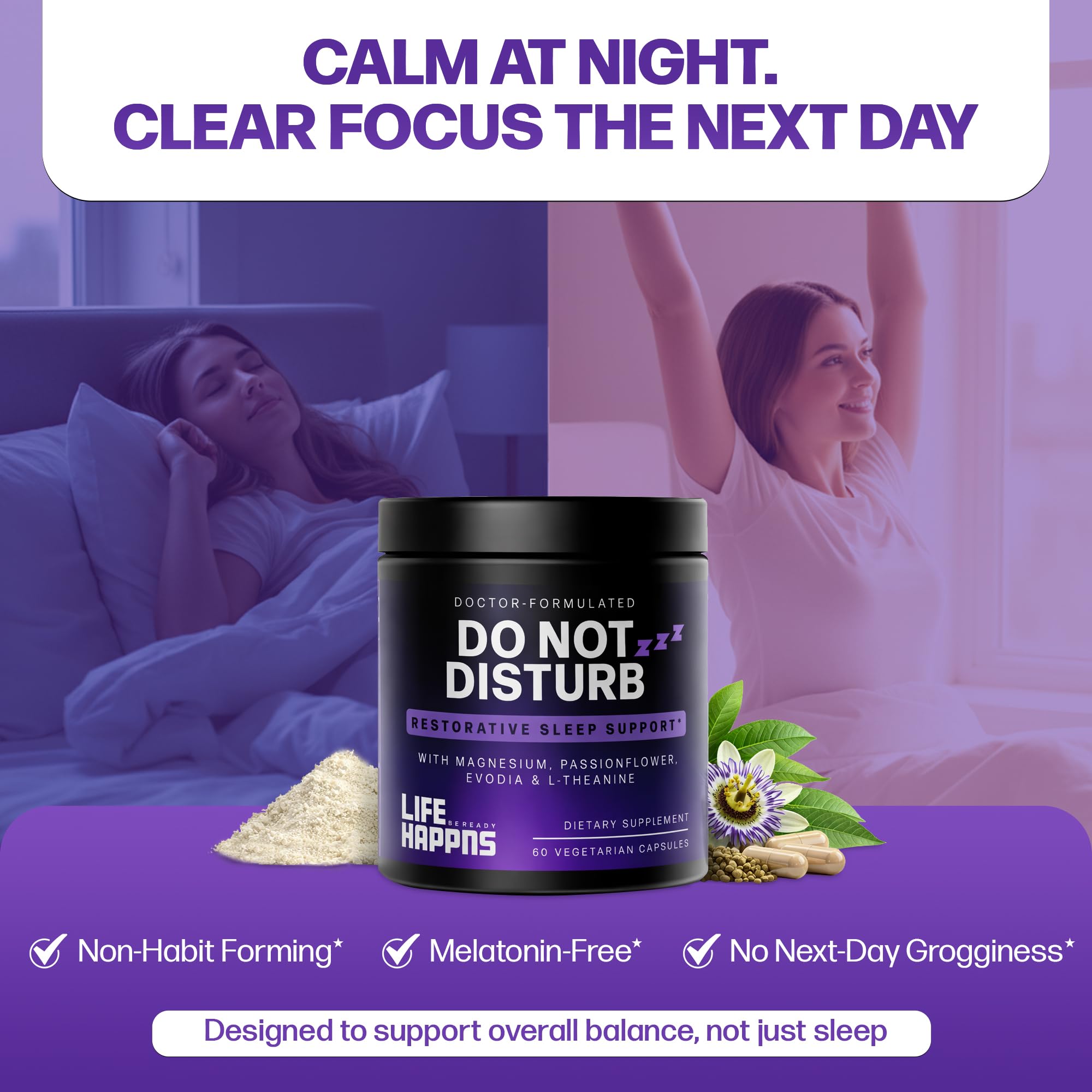 Doctor Formulated Triple Magnesium for Sleep, Calm & Relaxation with Chelated Magnesium Glycinate, L-Theanine, Passionflower & Evodia – Non-Habit, No Melatonin Magnesium Sleep Aid Support Supplement LIFE HAPPNS BE READY Au supplements