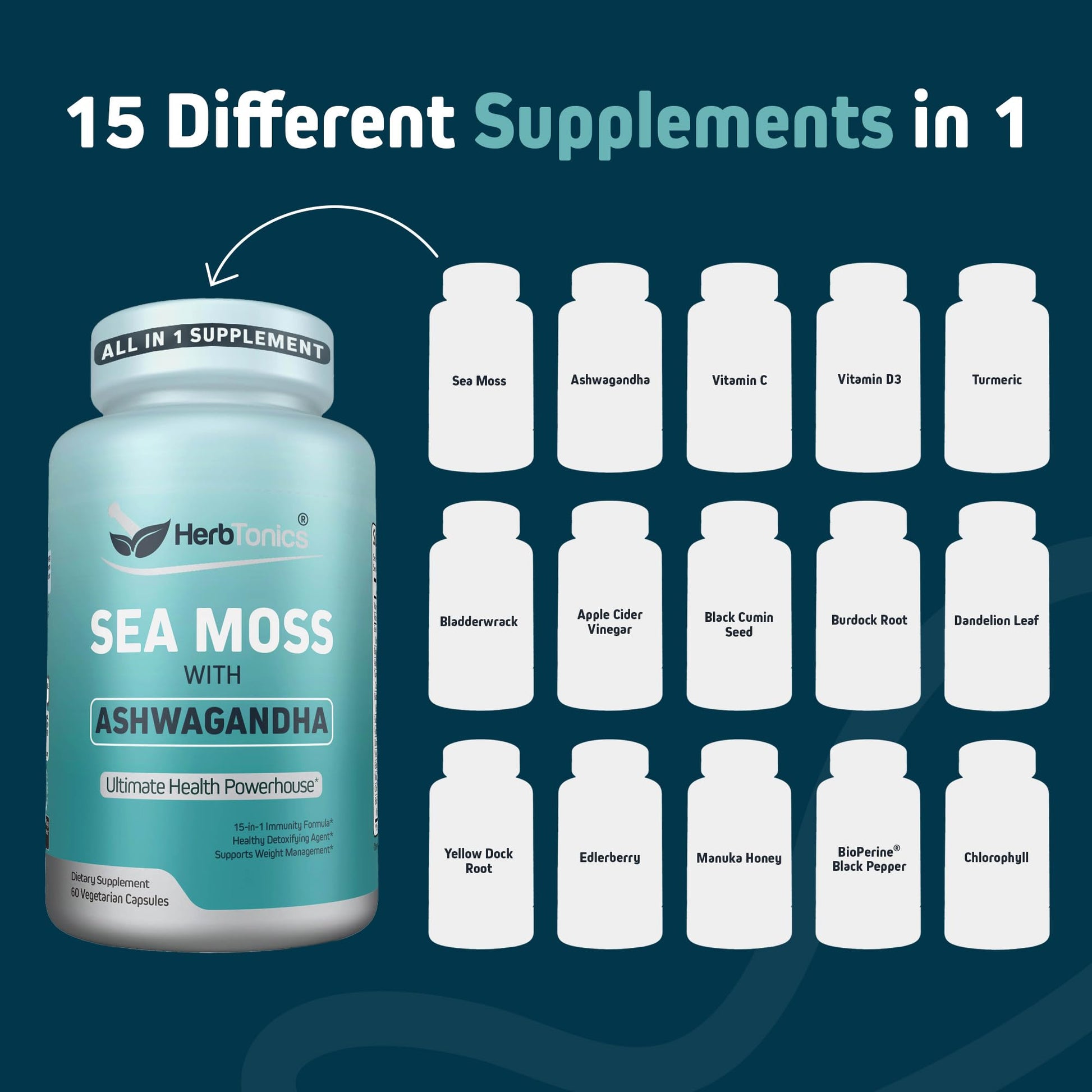 Herbtonics Sea Moss, Black Cumin Seed, Ashwagandha, Burdock Root & ACV Complex | Manage Immunity, Stress & Digestion Support | 60 Capsules (2 Capsules Per Serving) Herbtonics Au supplements
