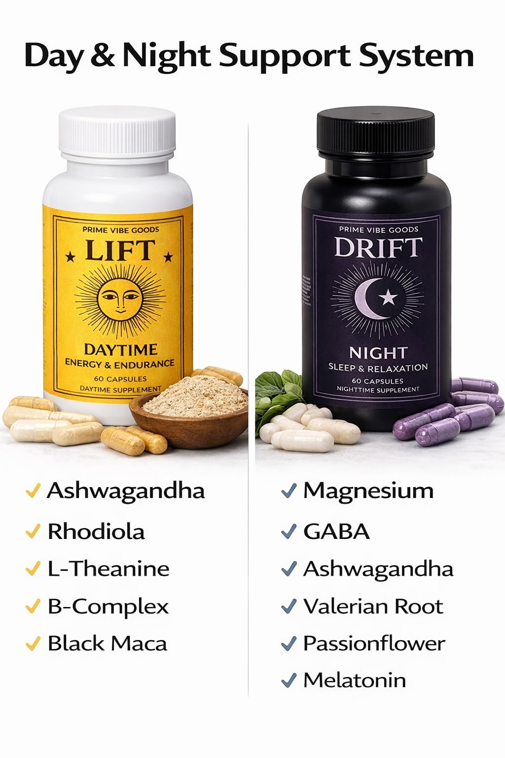 Prime Vibe Goods Lift & Drift – Energy & Stress Support Supplement – Adaptogens for Focus, Relaxation & Sleep – Ashwagandha, Magnesium, Rhodiola, GABA, Maca – Vegan (2-Pack, 120 Capsules) Prime Vibe Goods Au supplements