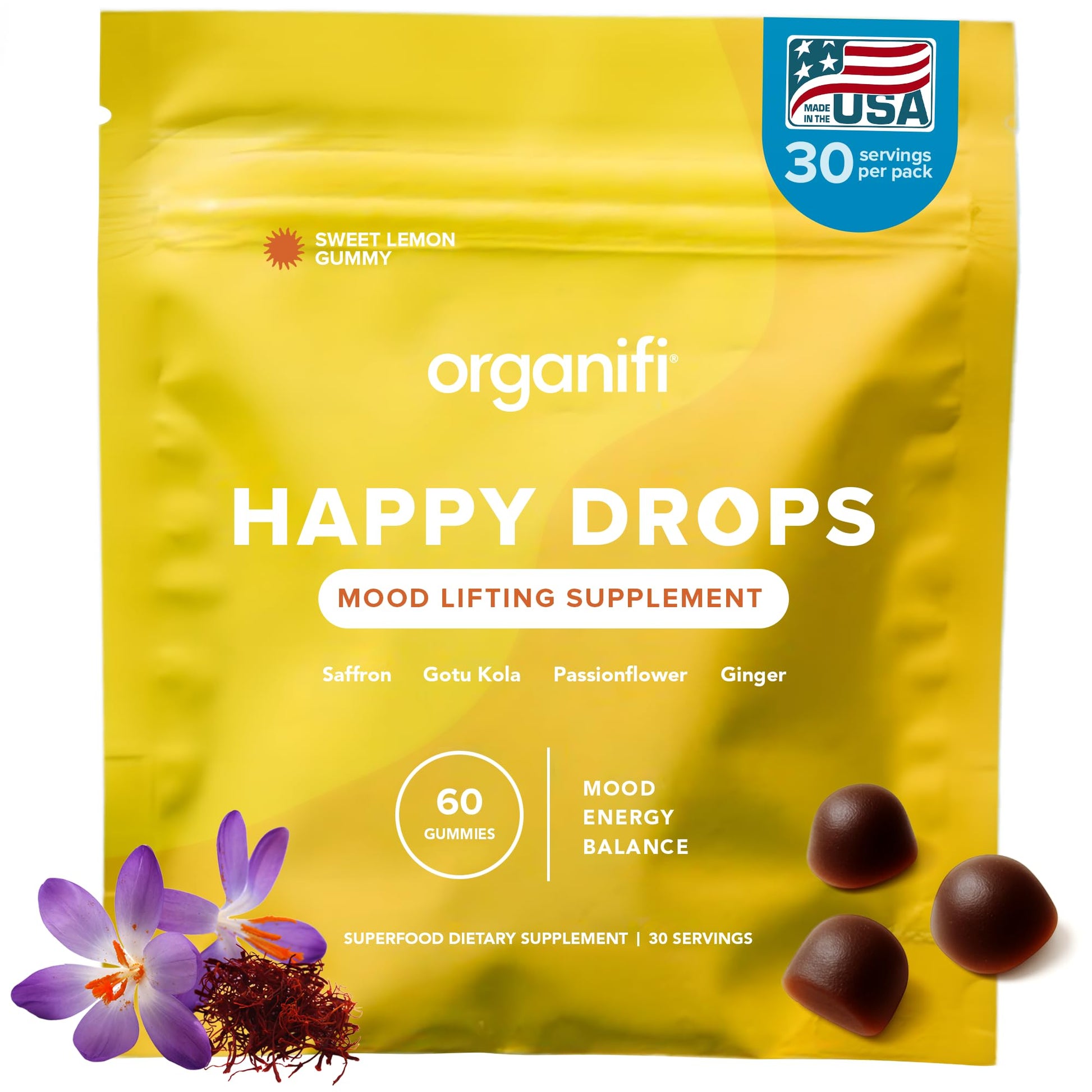 Organifi Happy Drops - Daily Superfood Happy Gummies for Adults - Mood Support Supplement for Balance, Bliss, Energy and Taking the Edge Off - Sweet Lemon Flavor - 60 Gummies Organifi Au supplements