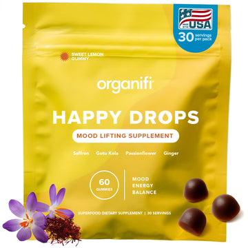 Organifi Happy Drops - Daily Superfood Happy Gummies for Adults - Mood Support Supplement for Balance, Bliss, Energy and Taking the Edge Off - Sweet Lemon Flavor - 60 Gummies Organifi Au supplements