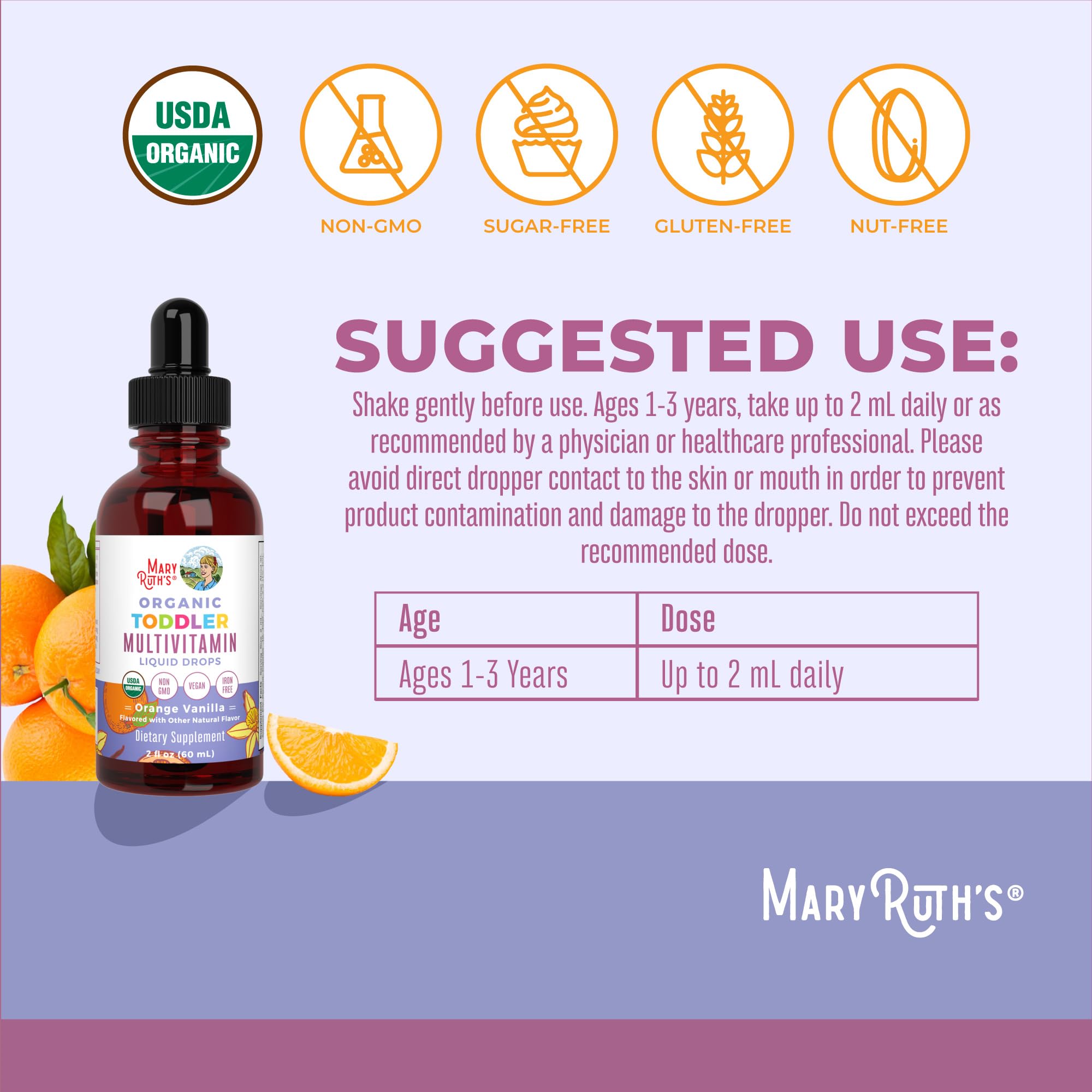 MaryRuth's Toddler Multivitamin | Vitamin A C D E B6 B12 Zinc | Healthy Growth Support | Immunity | Bone Health | Cognitive Function | Organic | Sugar Free | Vegan | Non-GMO | 2 Fl Oz | 30 Day Supply MARYRUTH'S Au supplements