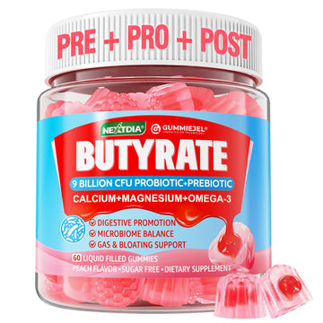 Butyrate Gummies with Probiotic + Prebiotic + Postbiotic, Omega-3 500mg,Fiber with 9 Billion CFU Probiotics, Calcium & Magnesium, Inulin,Psyllium Husk for Digestive Health,Bloating Support,Sugar Free Nextdia Au supplements