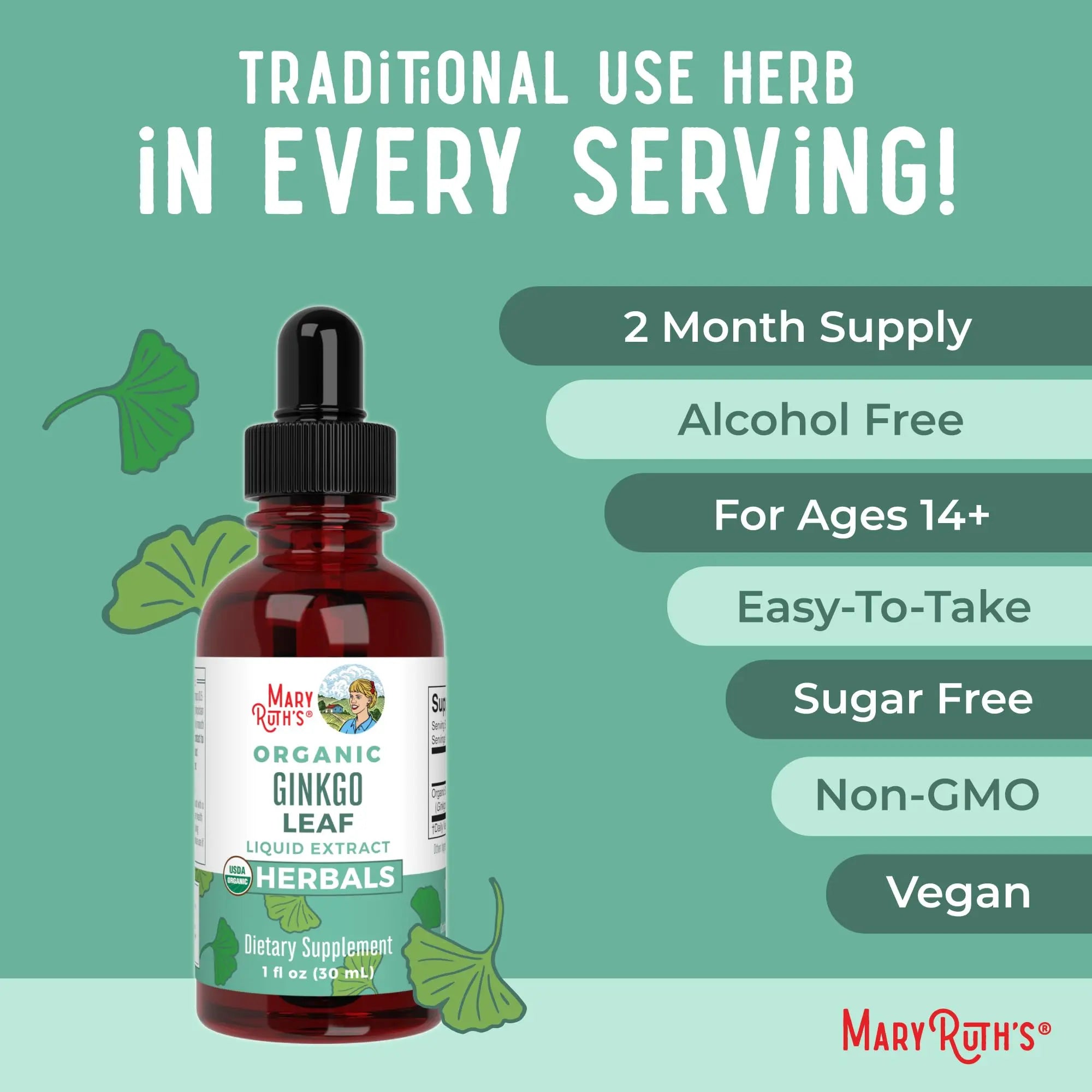 MaryRuth Organics Ginkgo Leaf Liquid Drops | Herbal Supplement | Nootropic | Circulatory System & Nervous System Health | USDA Organic | Non-GMO | Vegan | 60 Servings MARYRUTH'S Au supplements