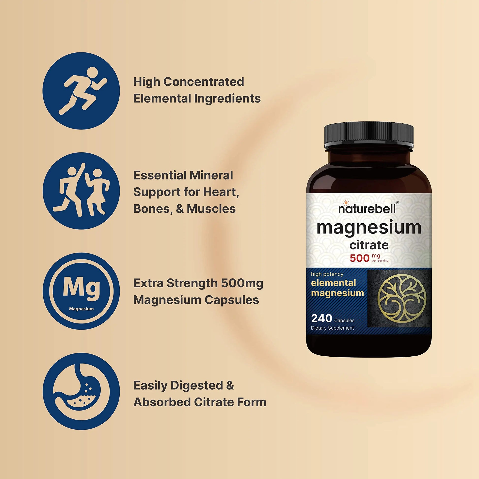 Magnesium Citrate 500mg, 240 Capsules (Citrato de Magnesio) | High Purity Elemental NatureBell Au supplements
