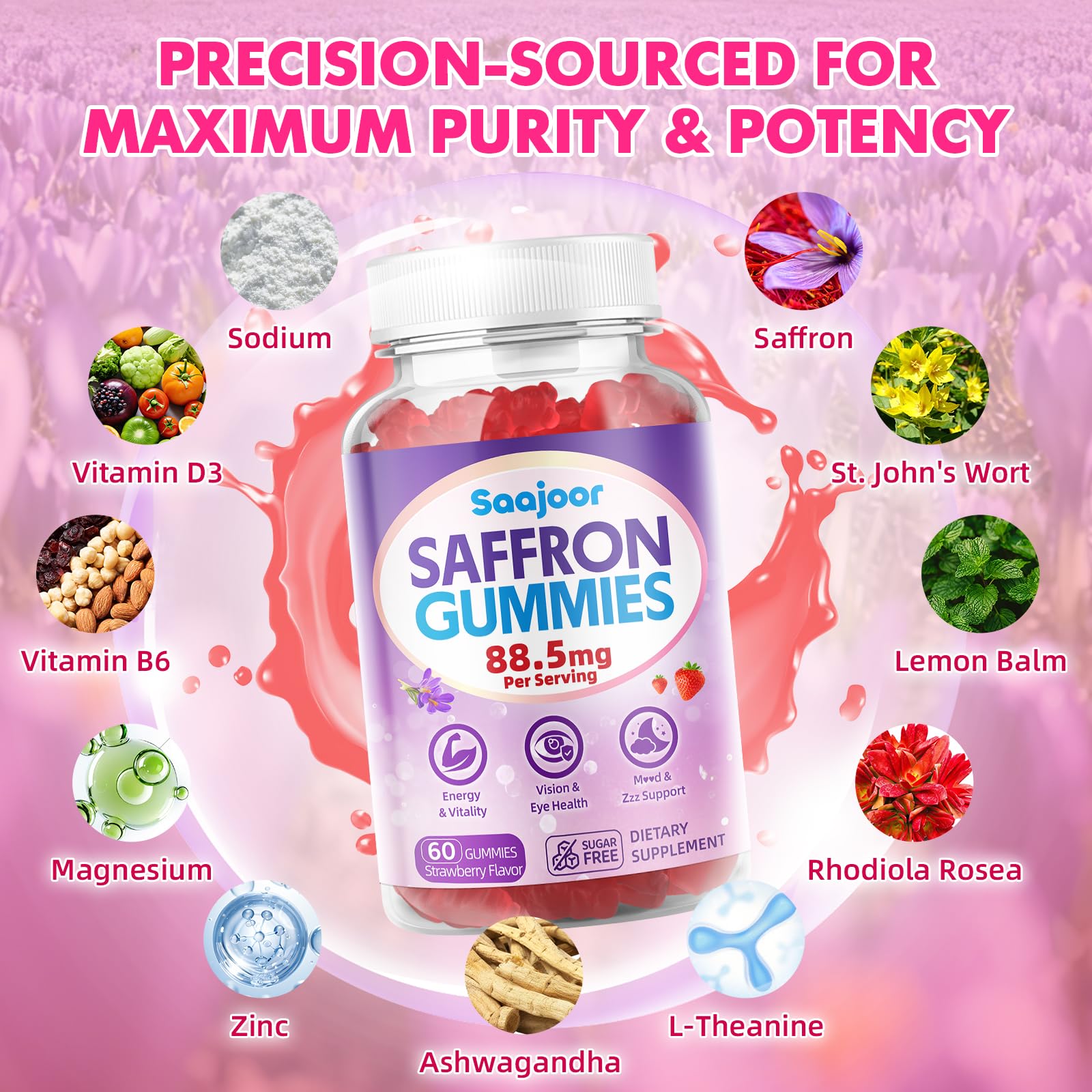 Saffron Gummies for Adult Kids - with Saffron 88.5mg, Vitamins D3 & B6, Magnesium, Zinc, Ashwagandha, L - Theanine, St. John's Wort - Supports Mood & Focus, Strawberry Flavor, 120 Count Saajoor Au supplements